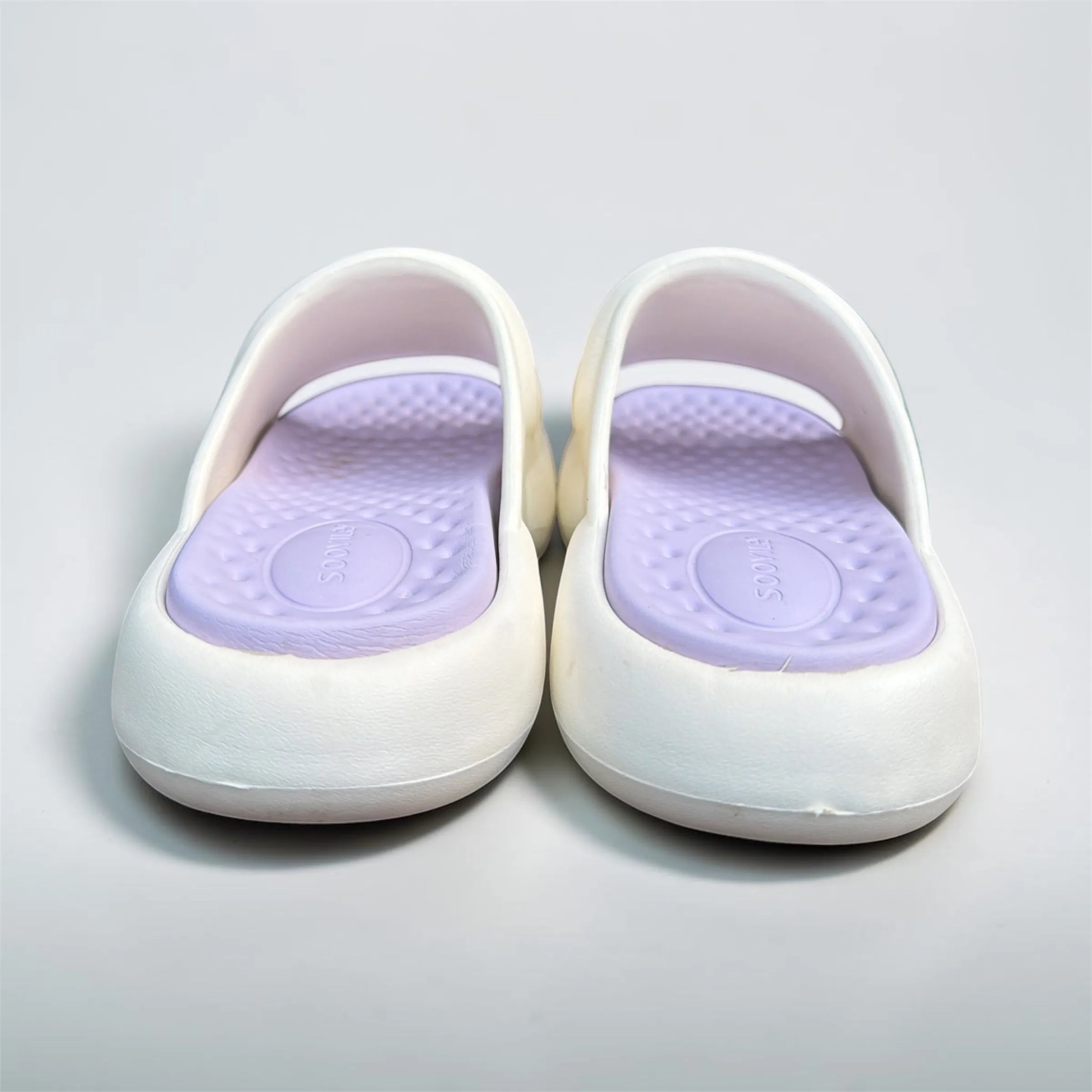 Cream White Slides with Lavender Footbed | Scoyile Branded Foam Sliders | Pastel Comfort Slippers