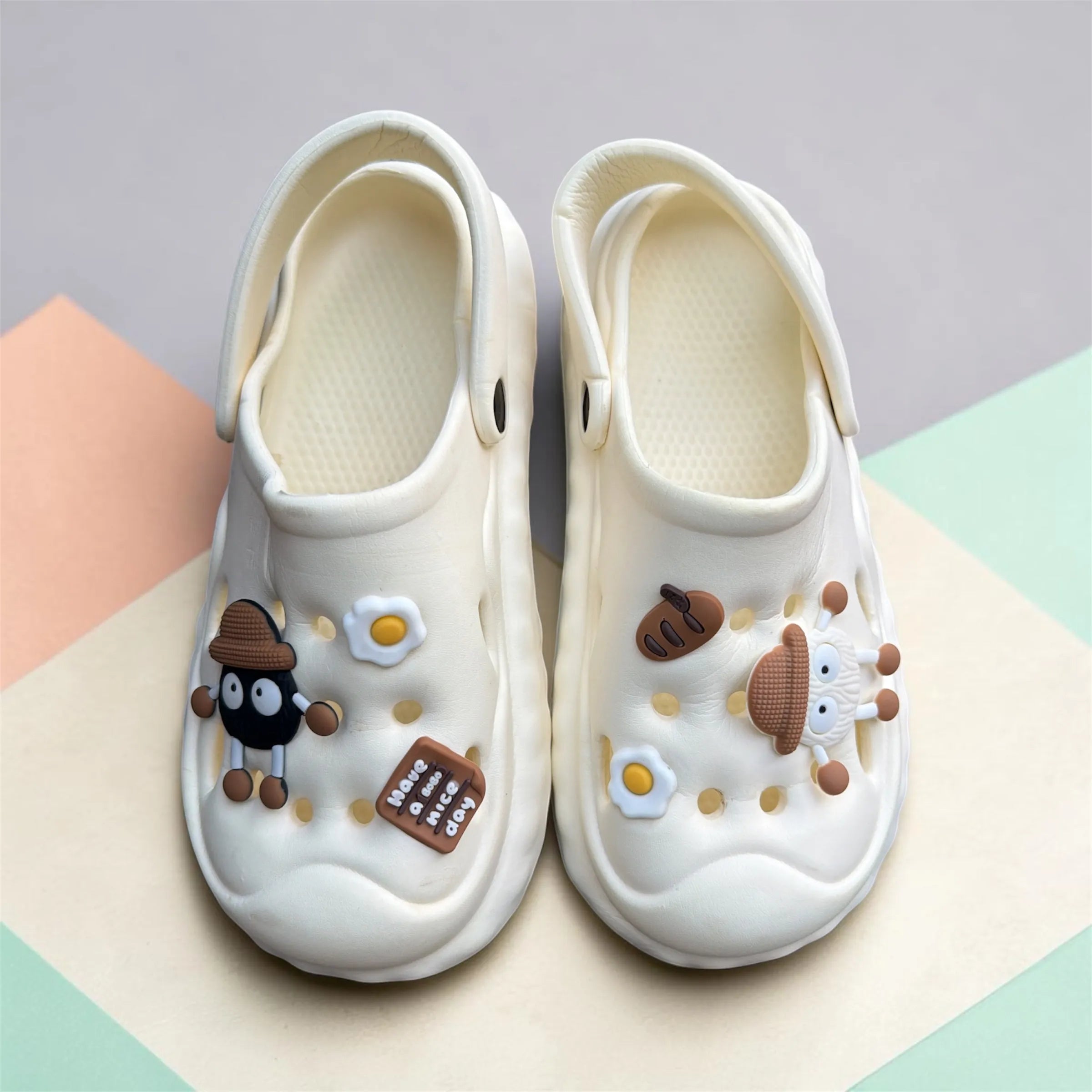 Cream White Clogs with Cute Character Charms | Fried Egg & Googly Eye Pin Decorated Clogs