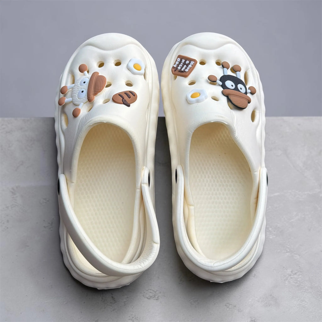 Cream White Clogs with Cute Character Charms | Fried Egg & Googly Eye Pin Decorated Clogs