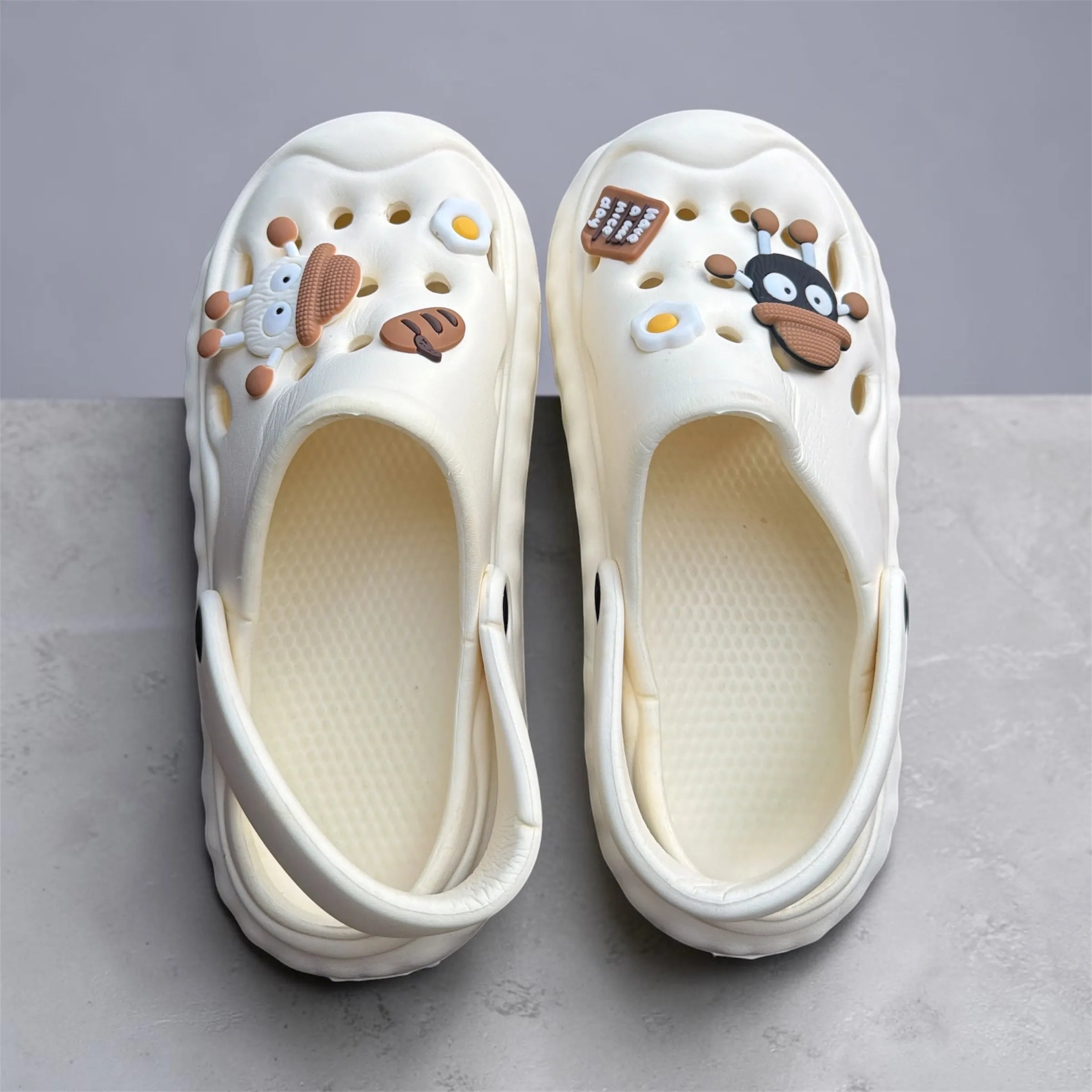 Cream White Clogs with Cute Character Charms | Fried Egg & Googly Eye Pin Decorated Clogs