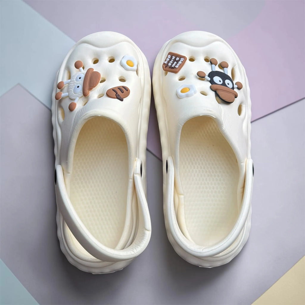 Cream White Clogs with Cute Character Charms | Fried Egg & Googly Eye Pin Decorated Clogs