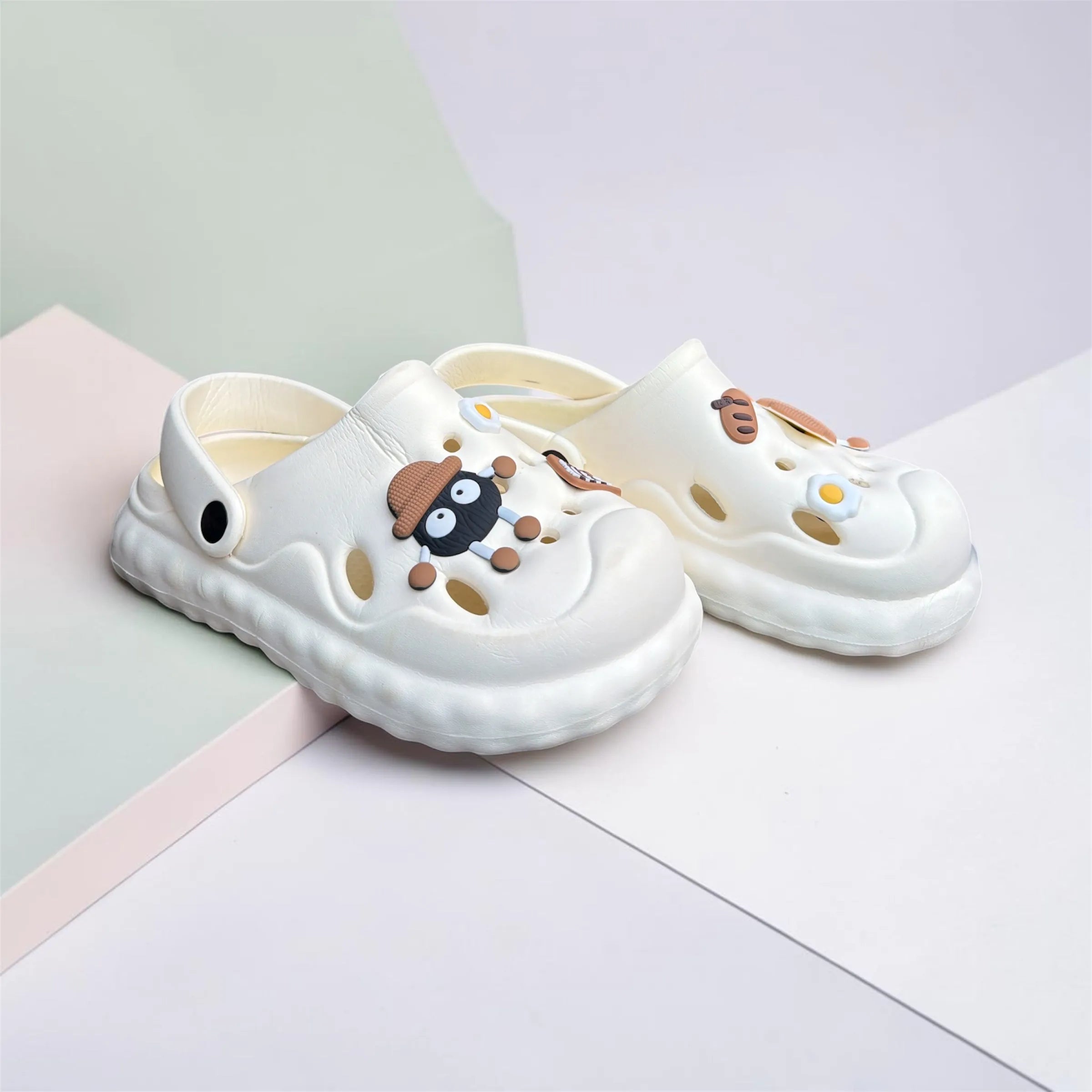 Cream White Clogs with Cute Character Charms | Fried Egg & Googly Eye Pin Decorated Clogs