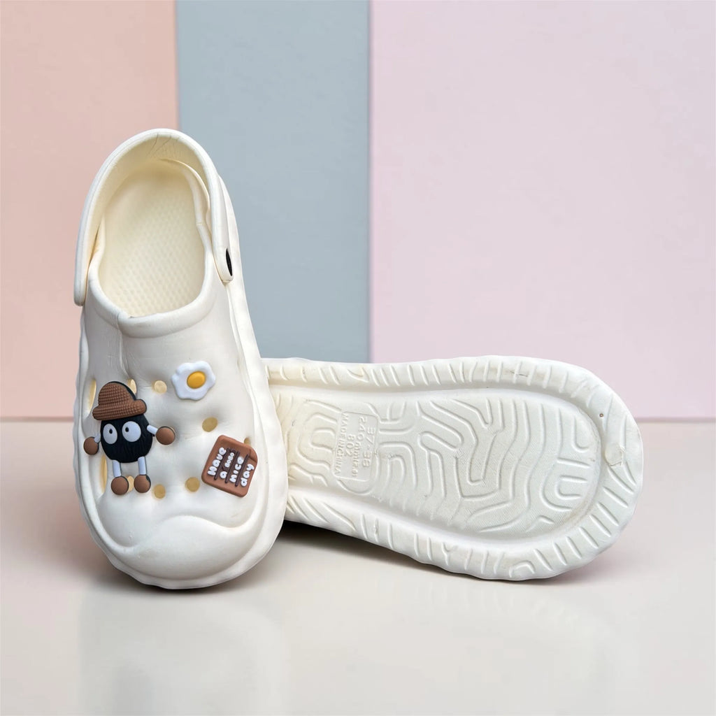 Cream White Clogs with Cute Character Charms | Fried Egg & Googly Eye Pin Decorated Clogs