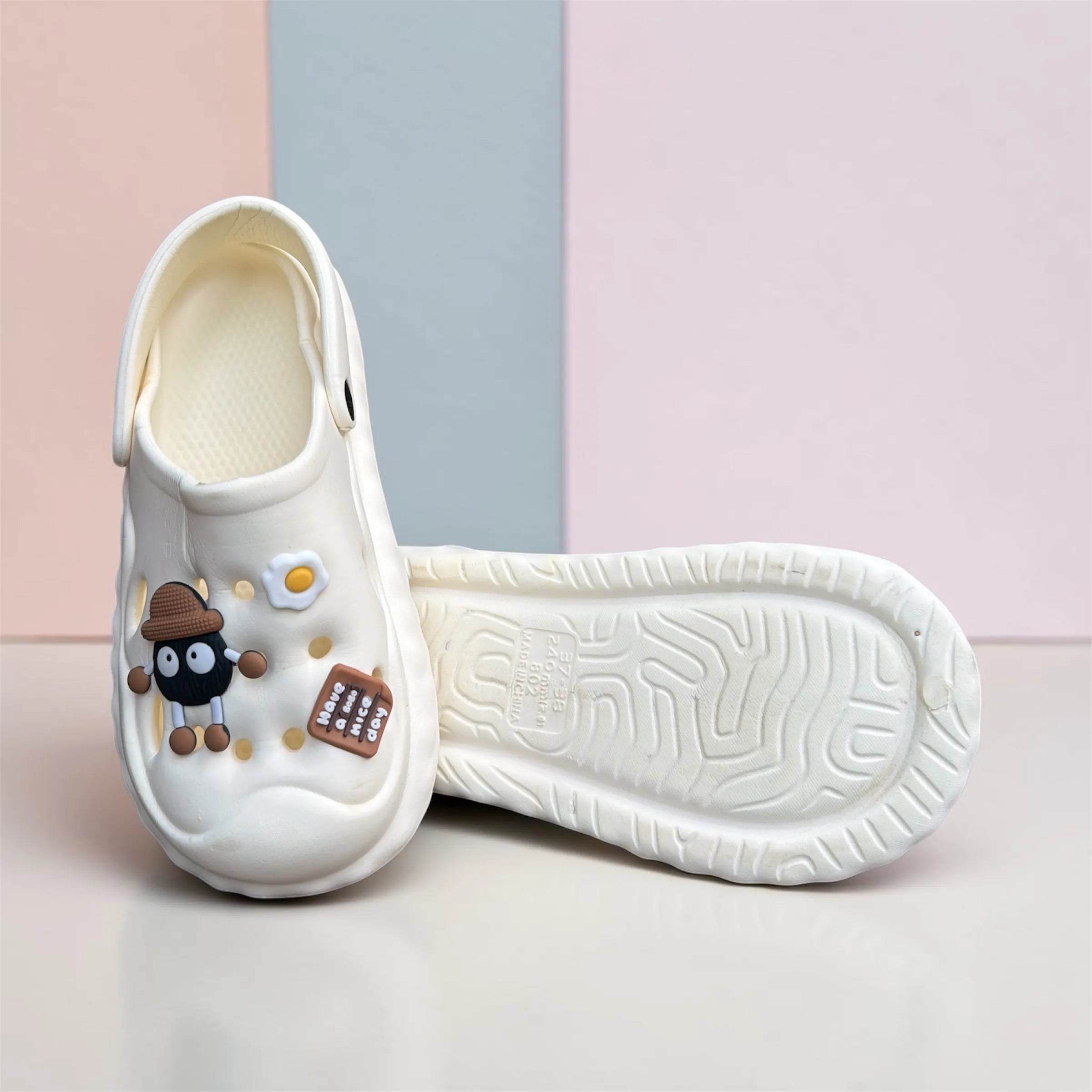 Cream White Clogs with Cute Character Charms | Fried Egg & Googly Eye Pin Decorated Clogs
