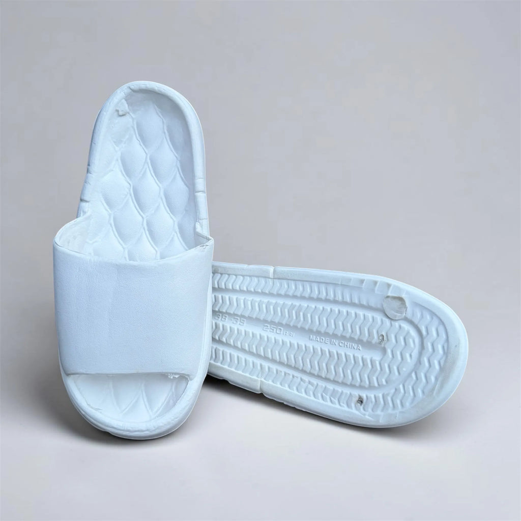 White Quilted Footbed Slides | Scalloped Pattern Foam Sliders | Comfortable Slip-On Slippers