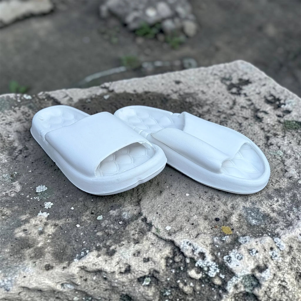 White Quilted Footbed Slides | Scalloped Pattern Foam Sliders | Comfortable Slip-On Slippers