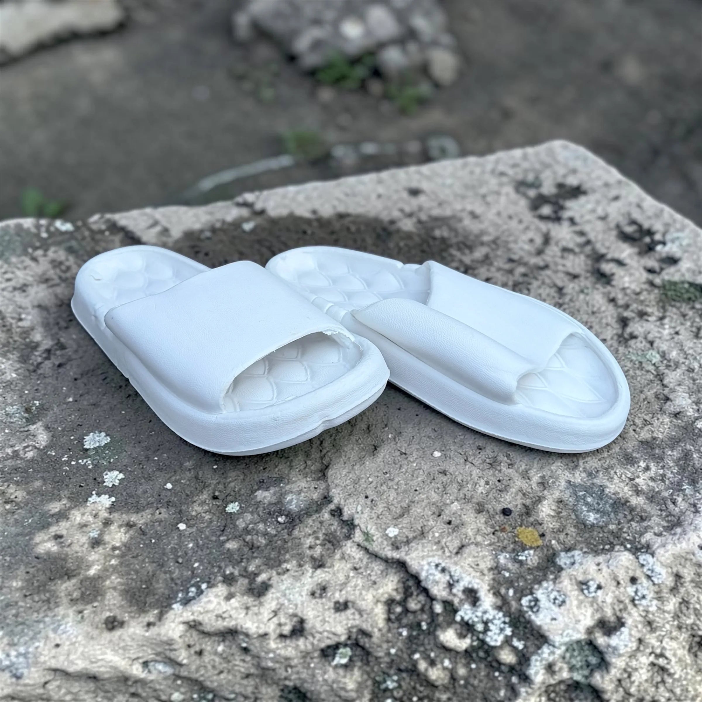 White Quilted Footbed Slides | Scalloped Pattern Foam Sliders | Comfortable Slip-On Slippers