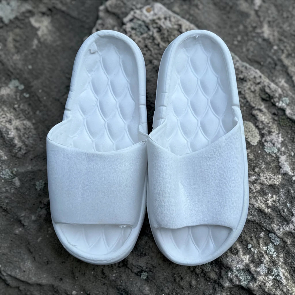 White Quilted Footbed Slides | Scalloped Pattern Foam Sliders | Comfortable Slip-On Slippers