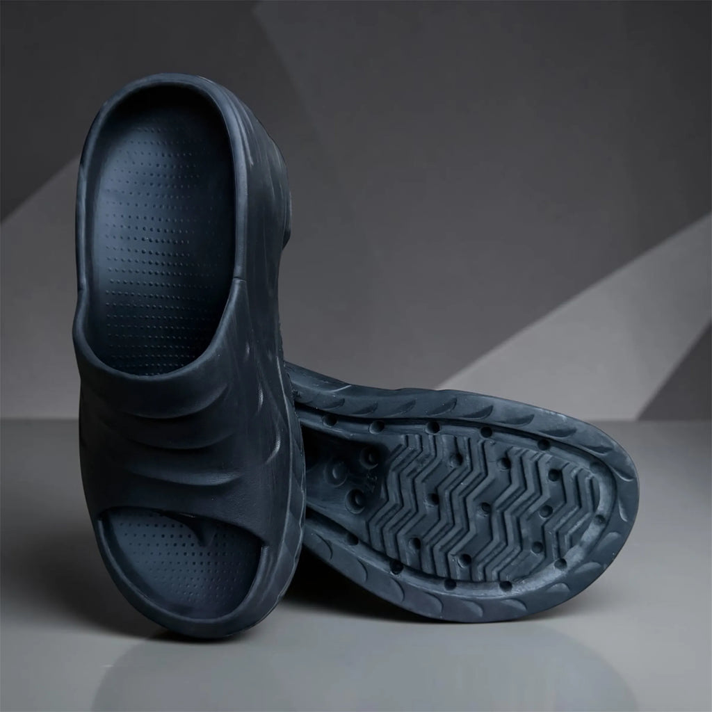 Navy Black Wedge Heel Slides | Ribbed Platform Foam Sliders | Comfortable Elevated Sandals