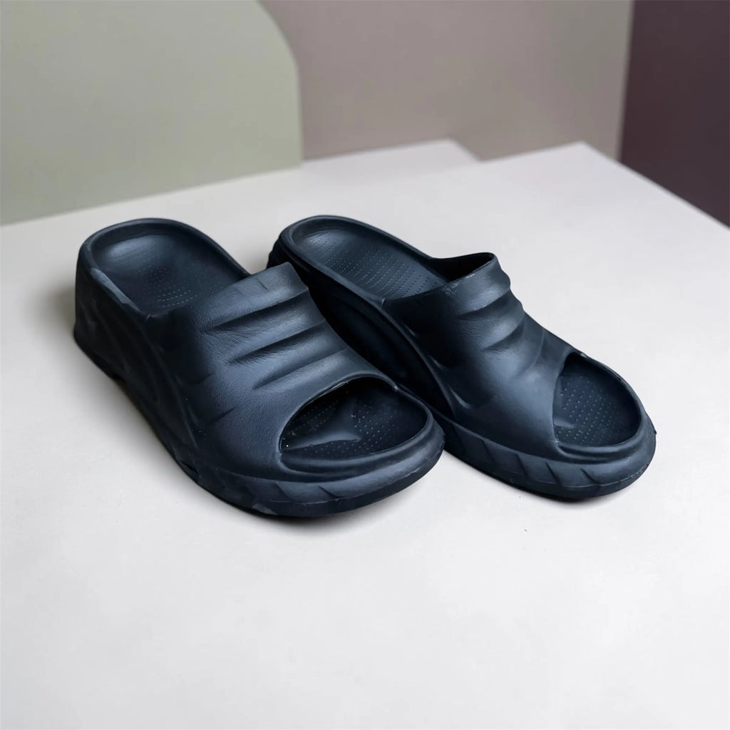 Navy Black Wedge Heel Slides | Ribbed Platform Foam Sliders | Comfortable Elevated Sandals