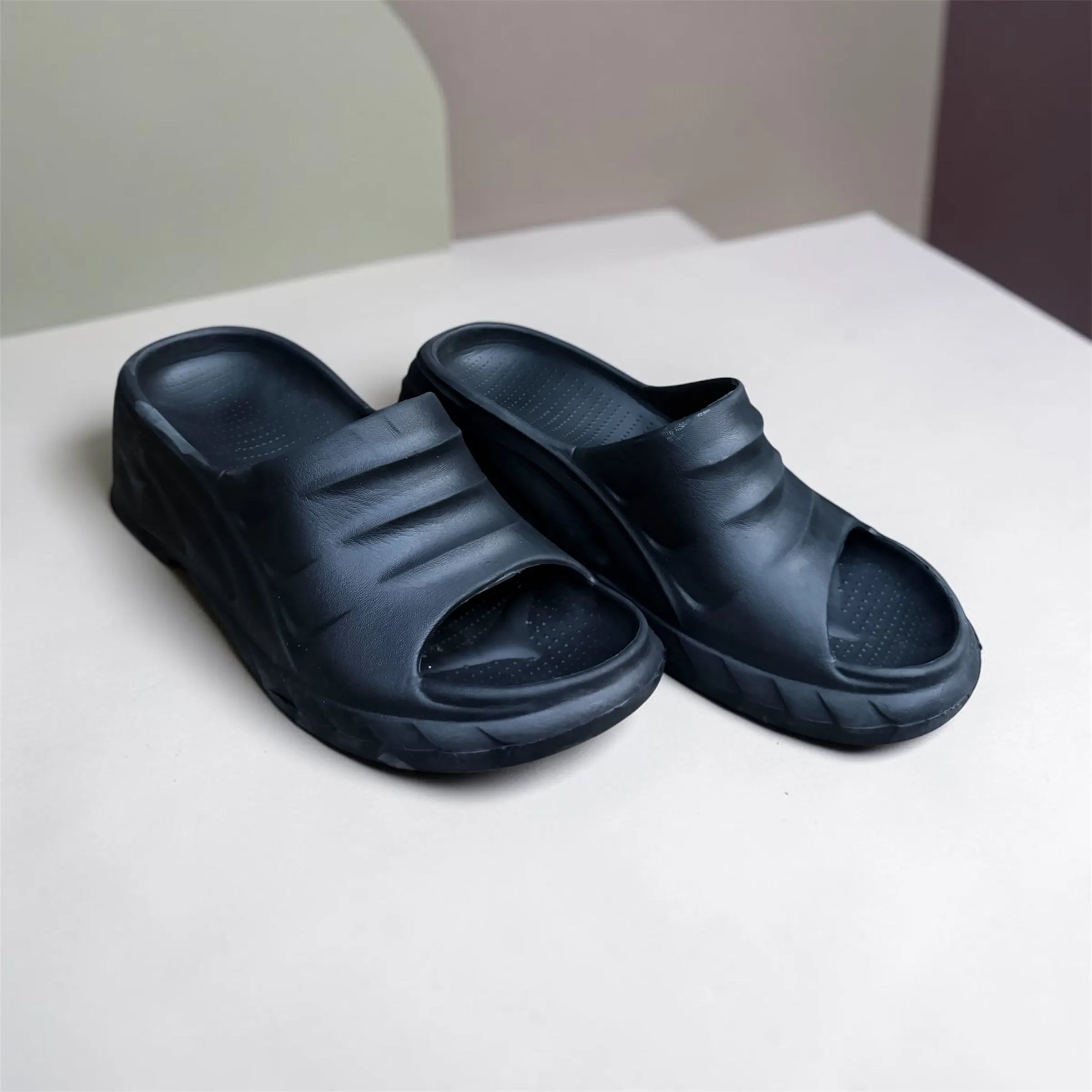 Navy Black Wedge Heel Slides | Ribbed Platform Foam Sliders | Comfortable Elevated Sandals
