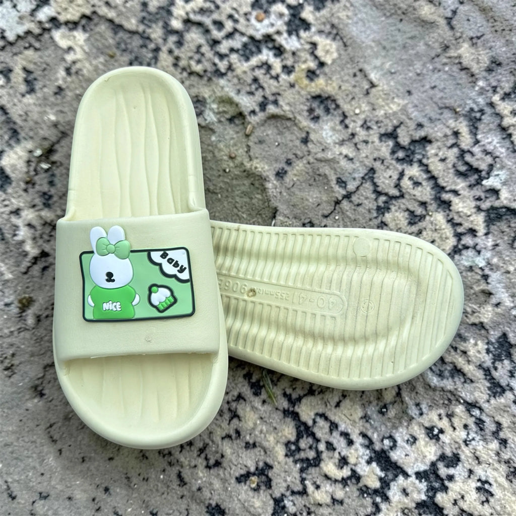 Cream Slides with Cute Bunny Patch | "Baby Nice" Print Foam Sliders | Kawaii Comfort Slippers