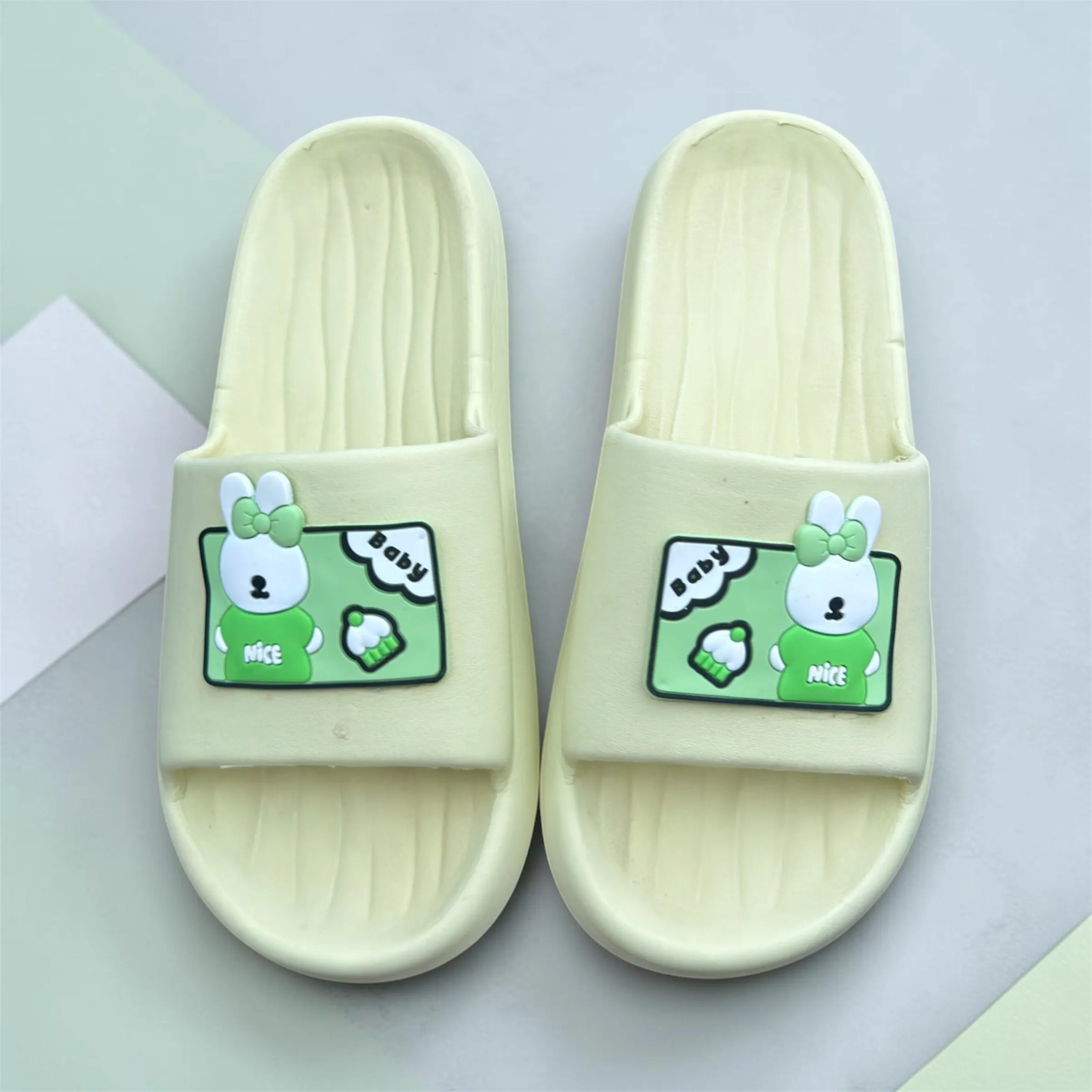 Cream Slides with Cute Bunny Patch | "Baby Nice" Print Foam Sliders | Kawaii Comfort Slippers