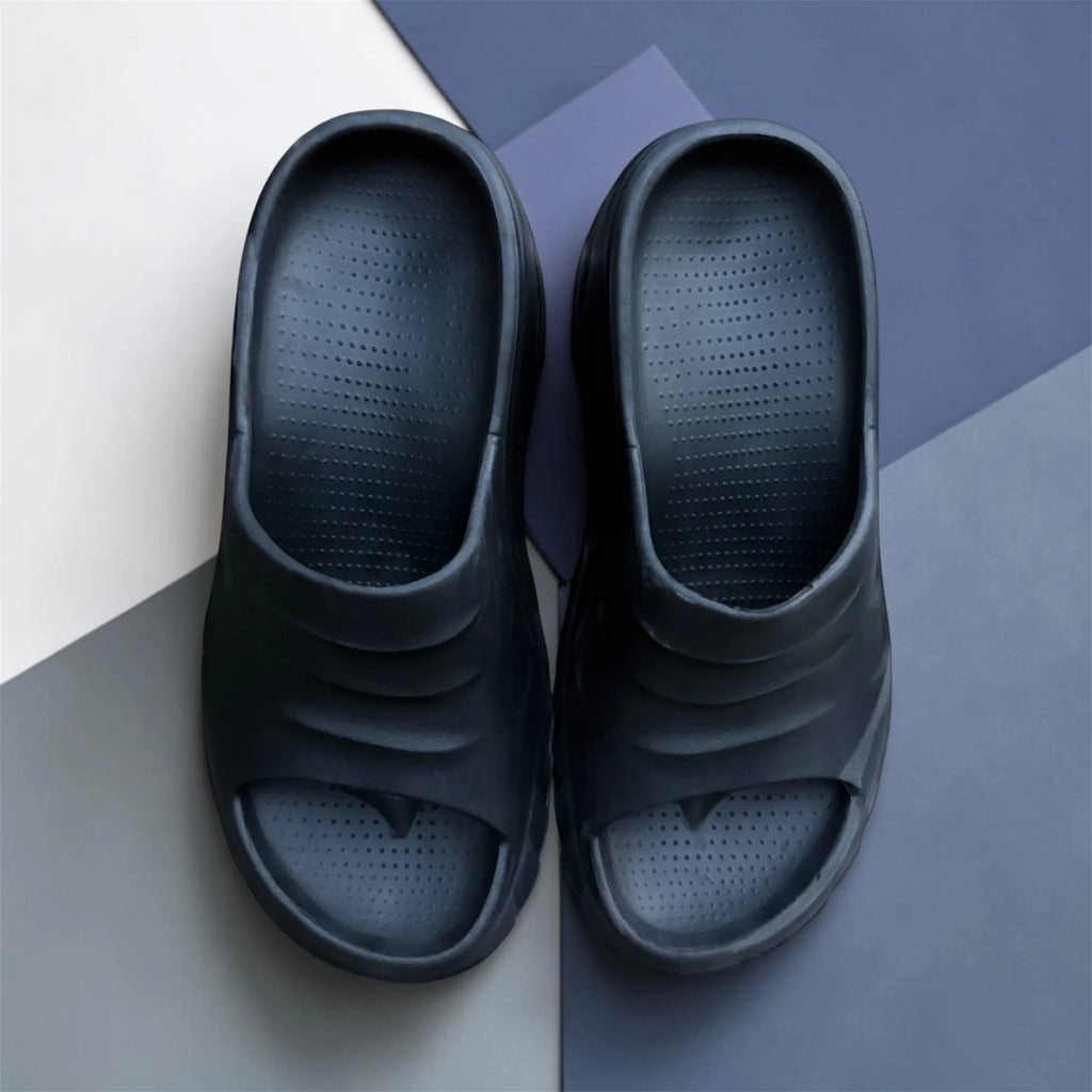 Navy Black Wedge Heel Slides | Ribbed Platform Foam Sliders | Comfortable Elevated Sandals