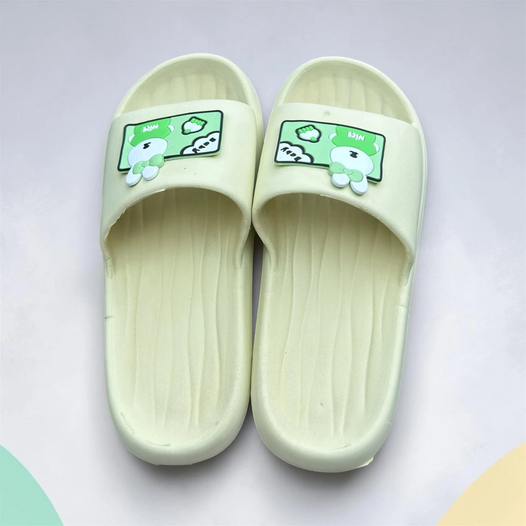 Cream Slides with Cute Bunny Patch | "Baby Nice" Print Foam Sliders | Kawaii Comfort Slippers