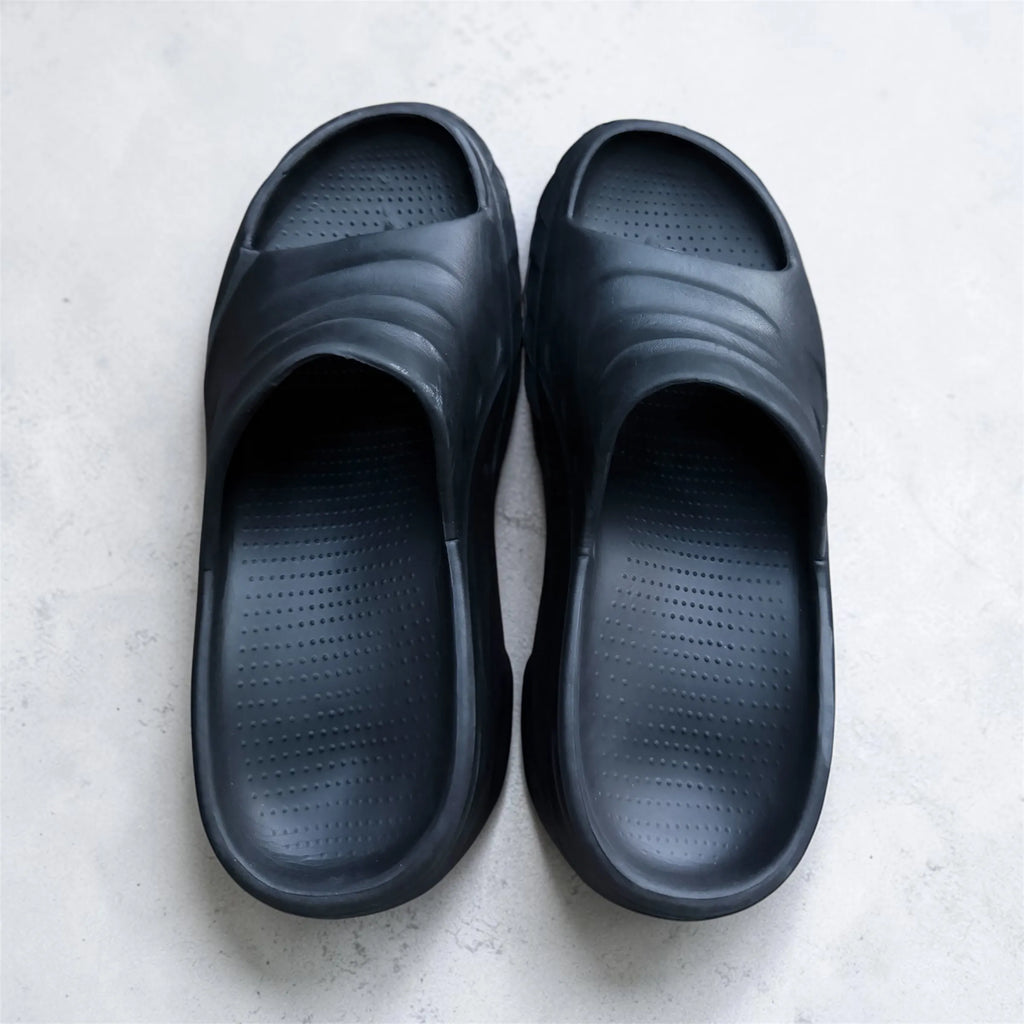 Navy Black Wedge Heel Slides | Ribbed Platform Foam Sliders | Comfortable Elevated Sandals