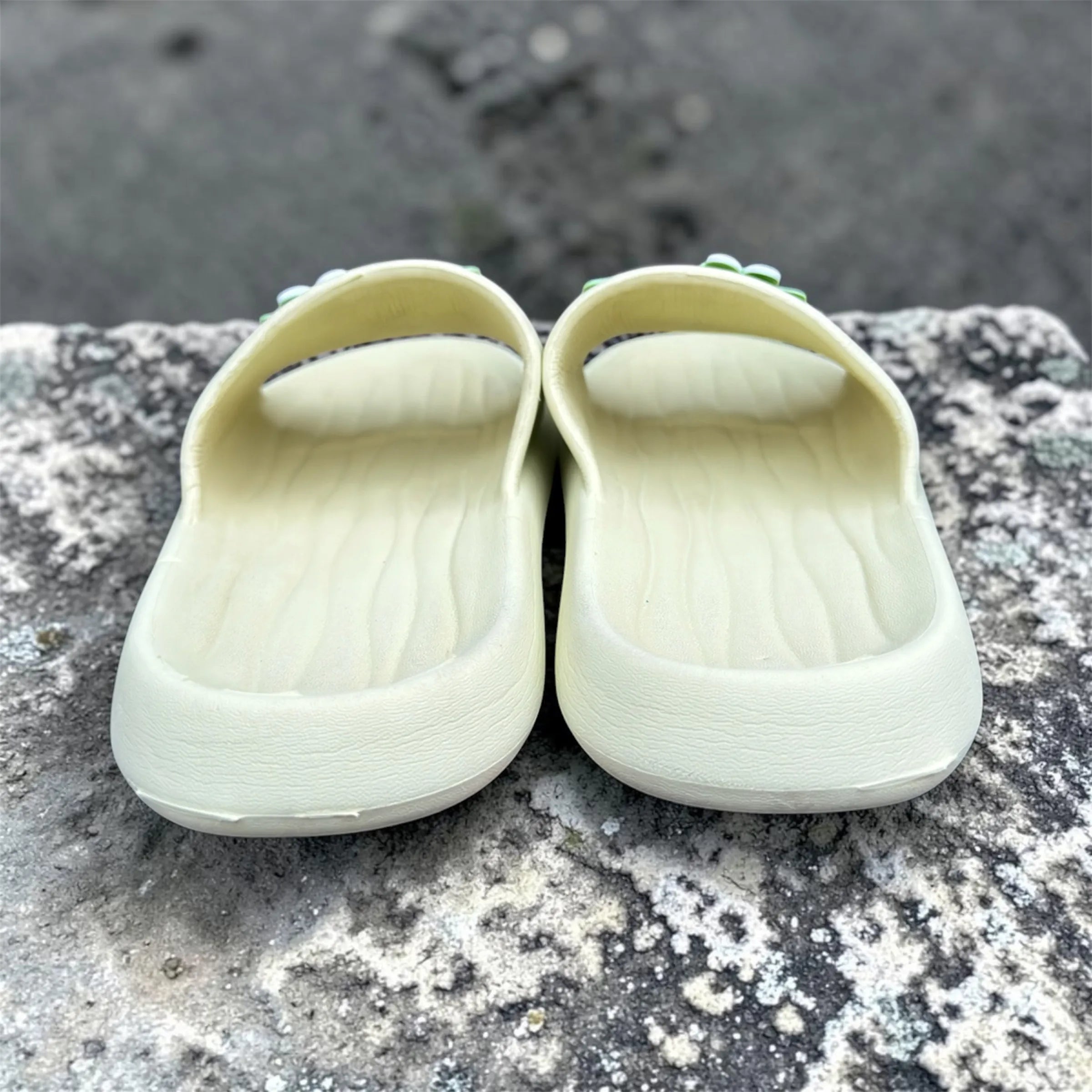 Cream Slides with Cute Bunny Patch | "Baby Nice" Print Foam Sliders | Kawaii Comfort Slippers