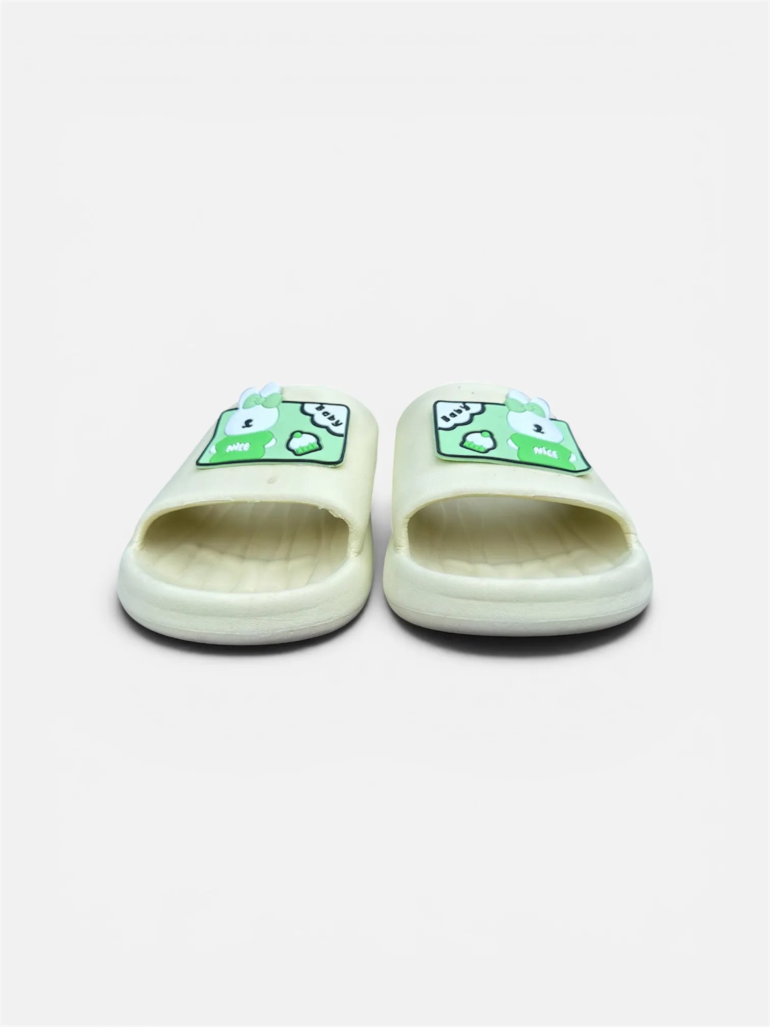 Cream Slides with Cute Bunny Patch | "Baby Nice" Print Foam Sliders | Kawaii Comfort Slippers