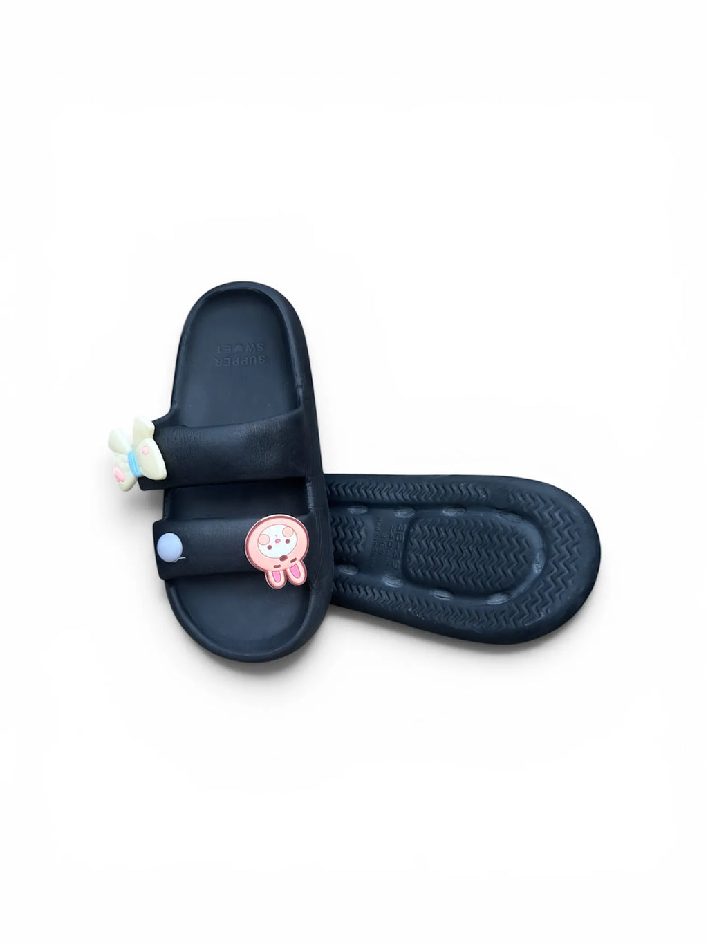 Navy Supper Sweet Slides with Cute Charms | Bow & Bunny Pin Decorated Sliders | Comfort Slippers