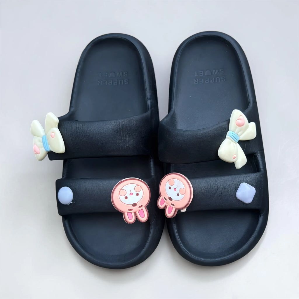 Navy Supper Sweet Slides with Cute Charms | Bow & Bunny Pin Decorated Sliders | Comfort Slippers
