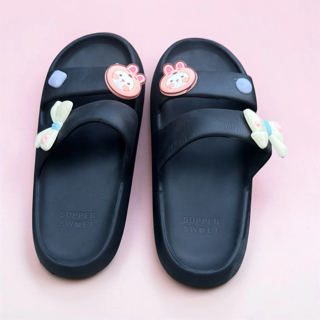 Navy Supper Sweet Slides with Cute Charms | Bow & Bunny Pin Decorated Sliders | Comfort Slippers