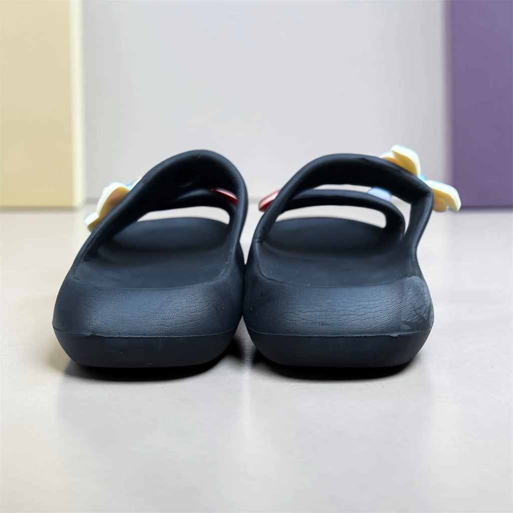 Navy Supper Sweet Slides with Cute Charms | Bow & Bunny Pin Decorated Sliders | Comfort Slippers