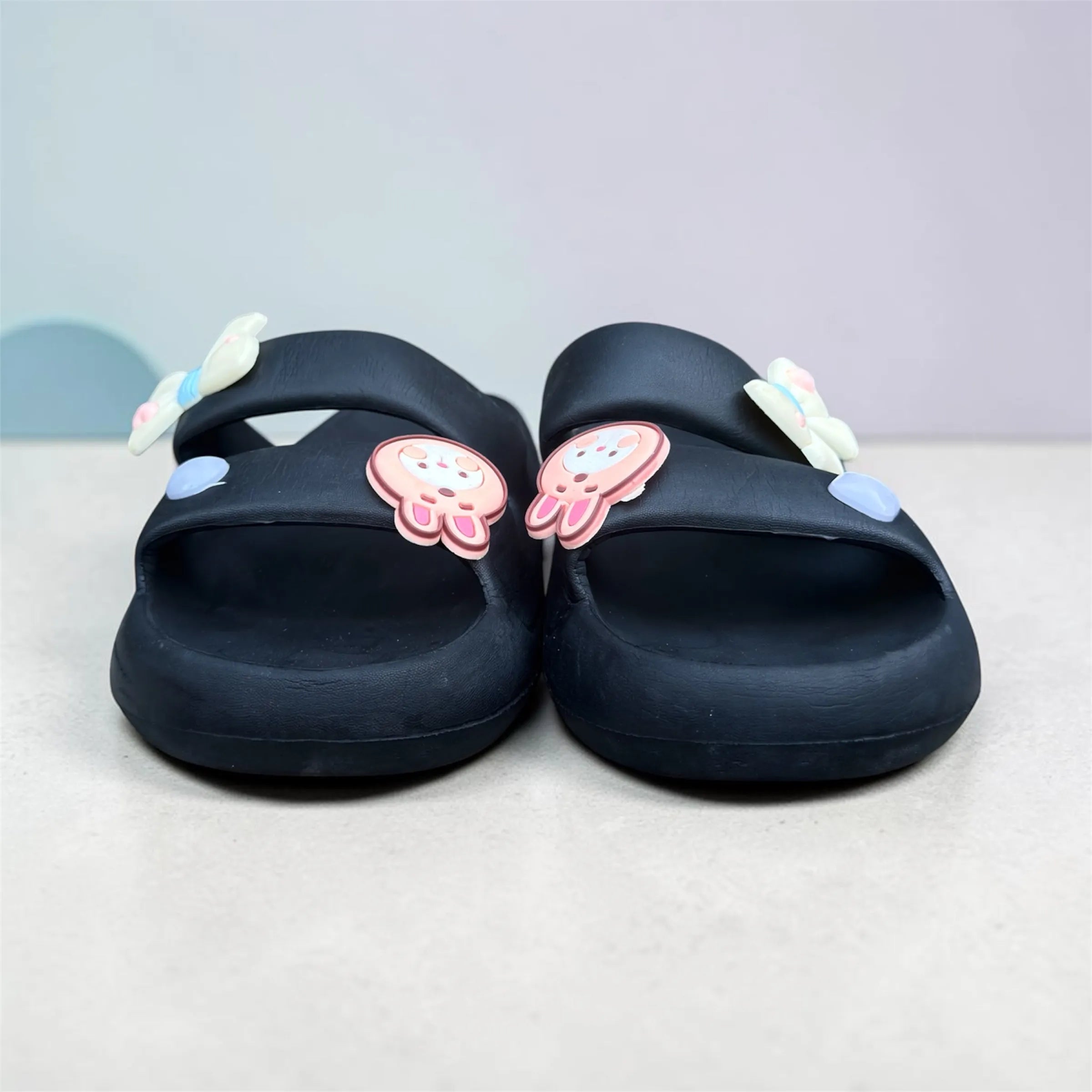 Navy Supper Sweet Slides with Cute Charms | Bow & Bunny Pin Decorated Sliders | Comfort Slippers