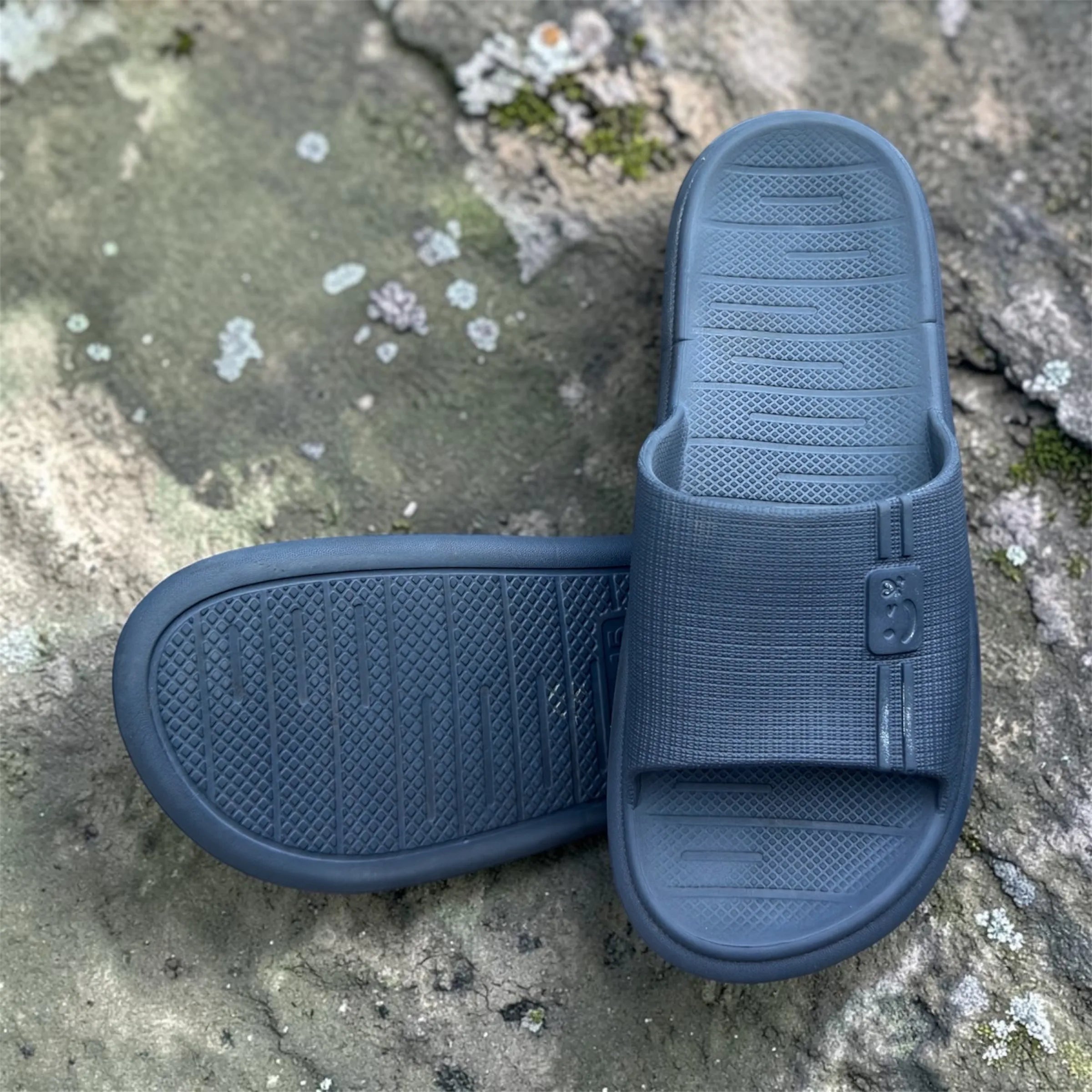 Grey Textured Slides | Diamond Grip Sole Foam Sliders | Comfortable Casual Slippers