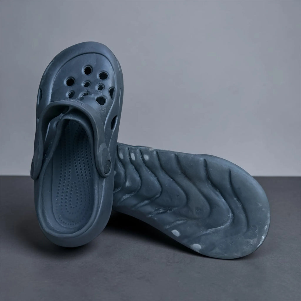 Grey Vented Clogs | Textured Wavy Sole Foam Footwear | Comfortable Slip-On Clogs