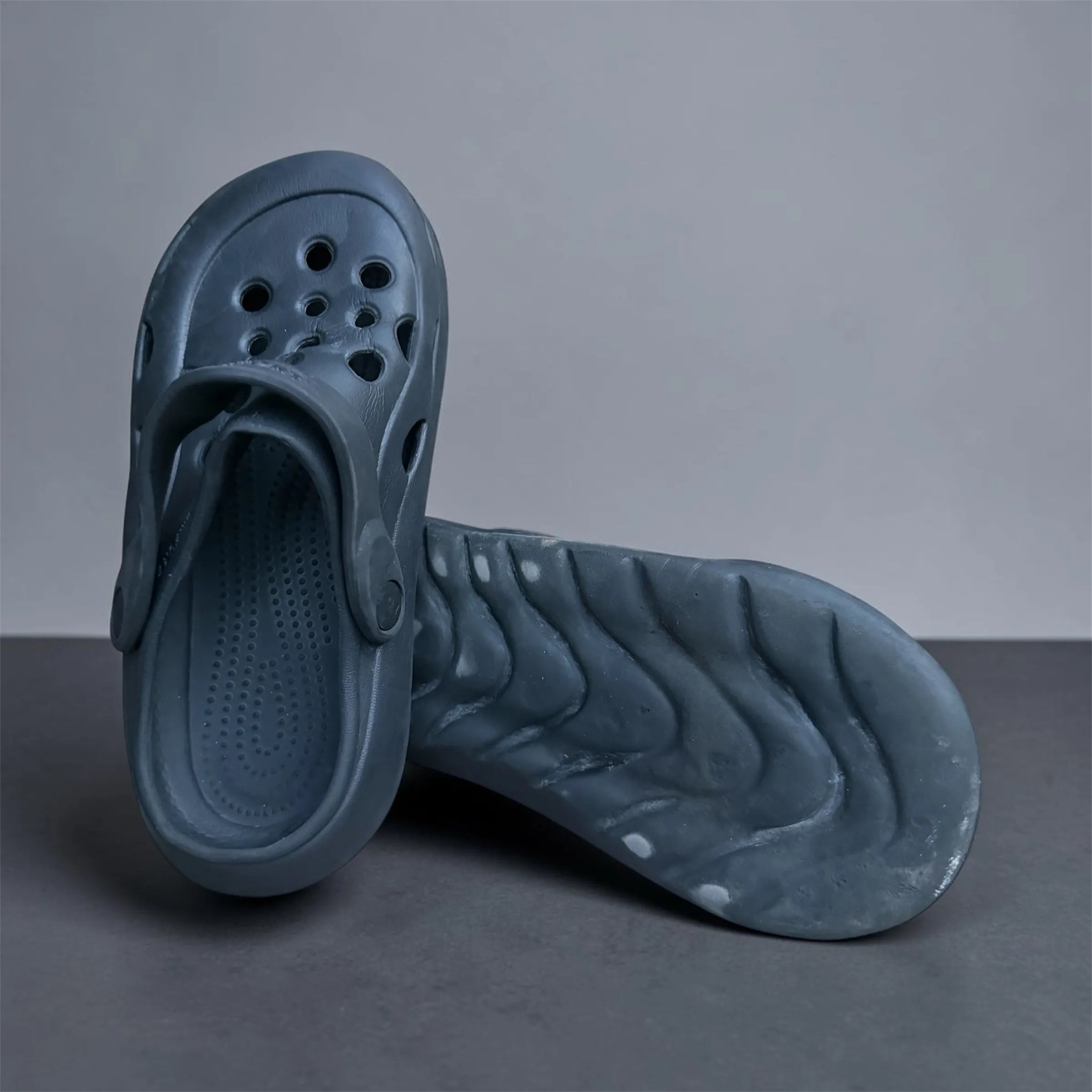 Grey Vented Clogs | Textured Wavy Sole Foam Footwear | Comfortable Slip-On Clogs