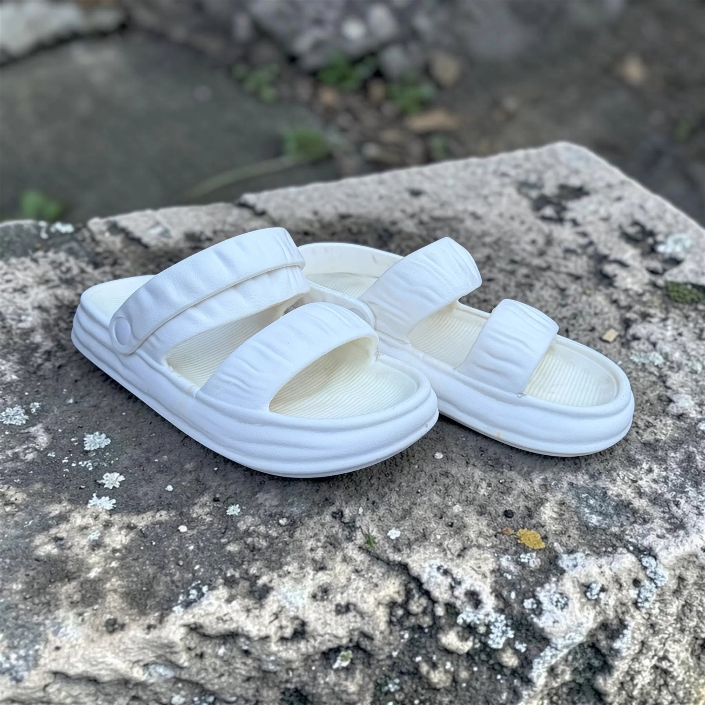 White Double Strap Sandals | Buckle Sport Sandals | Comfortable Foam Slides