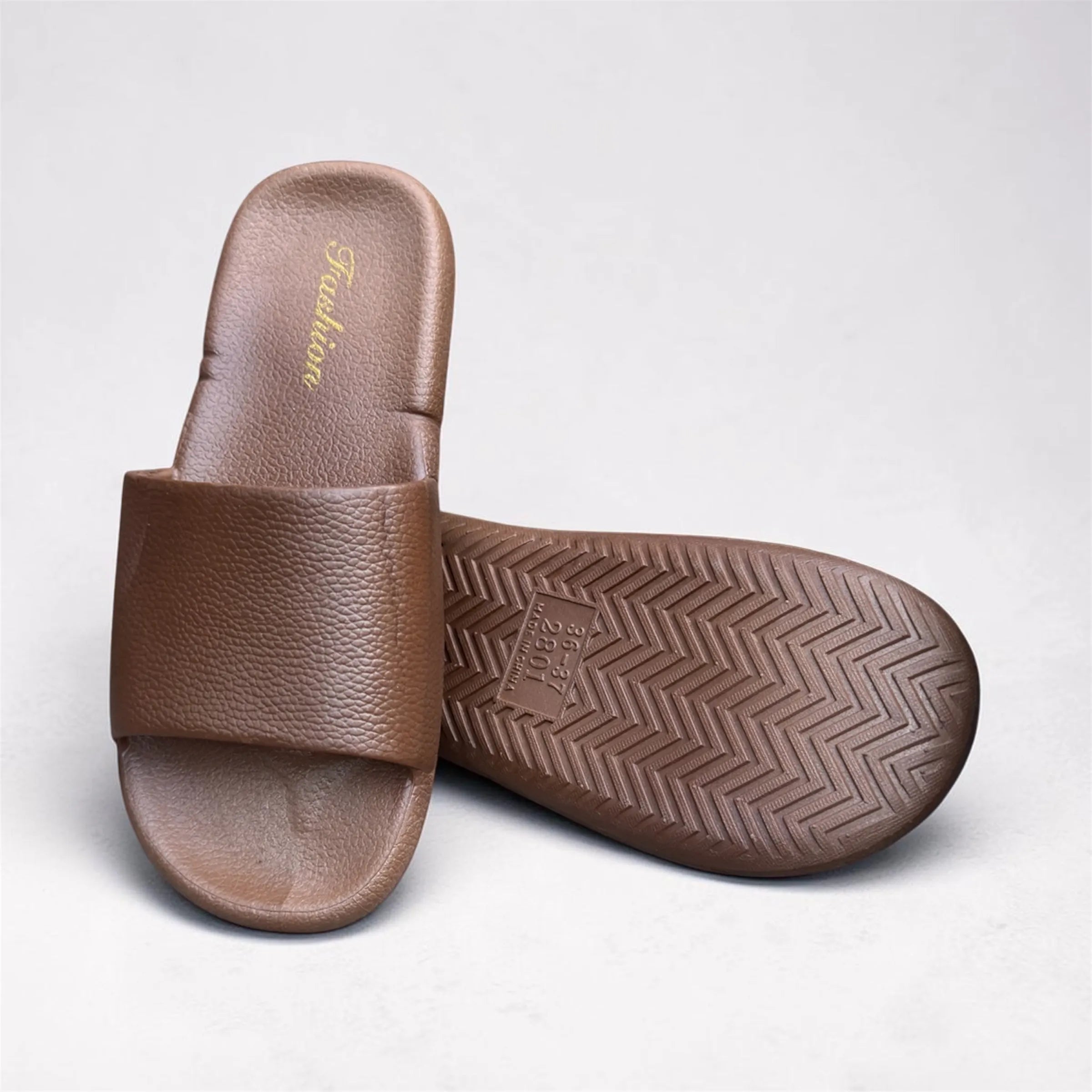 Brown Leather-Look Slides | Fashion Gold Script Slippers | Classic Pebbled Texture Sliders