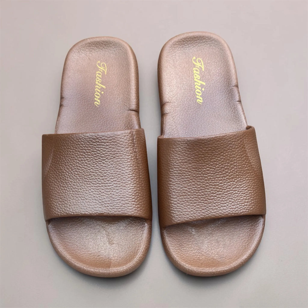 Brown Leather-Look Slides | Fashion Gold Script Slippers | Classic Pebbled Texture Sliders