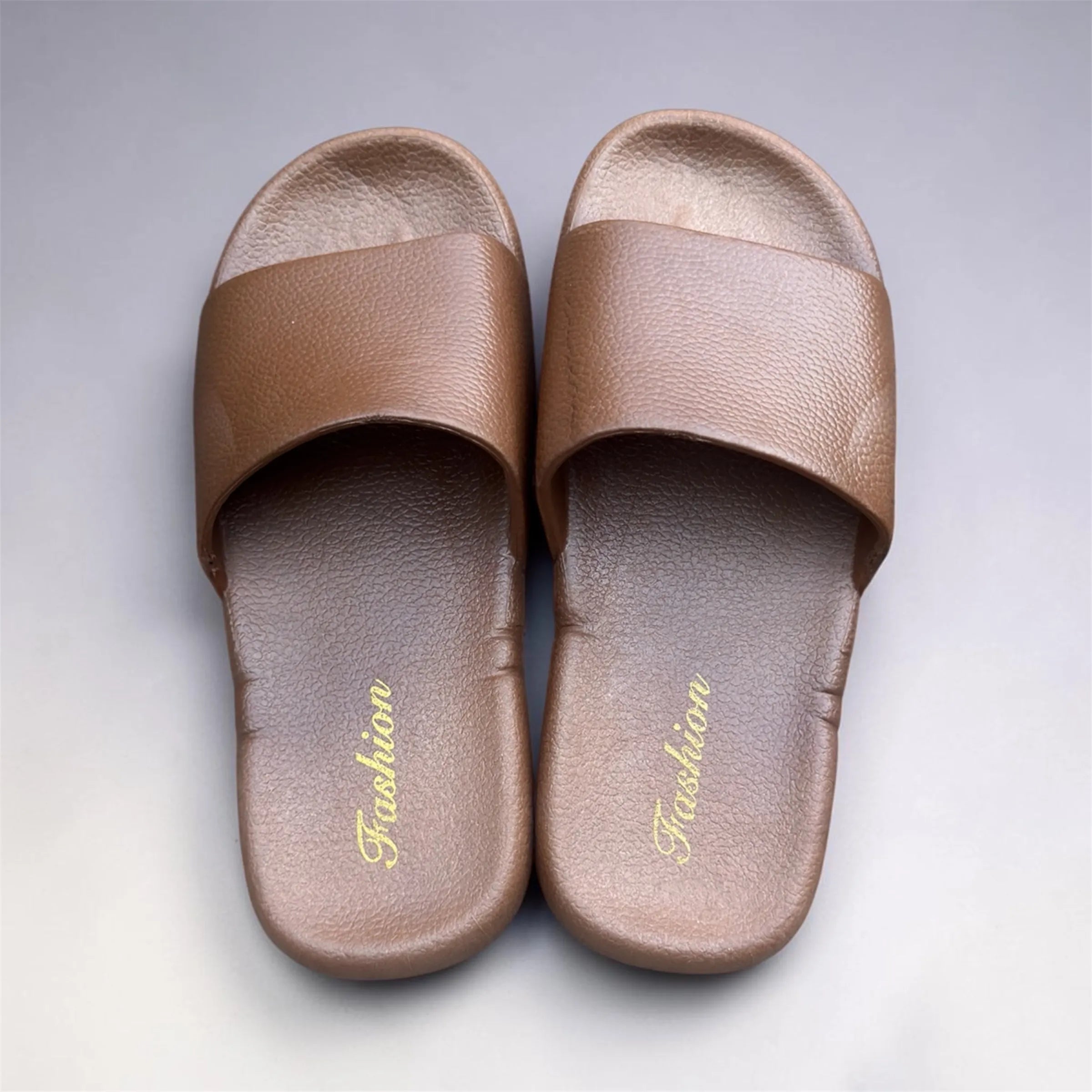 Brown Leather-Look Slides | Fashion Gold Script Slippers | Classic Pebbled Texture Sliders
