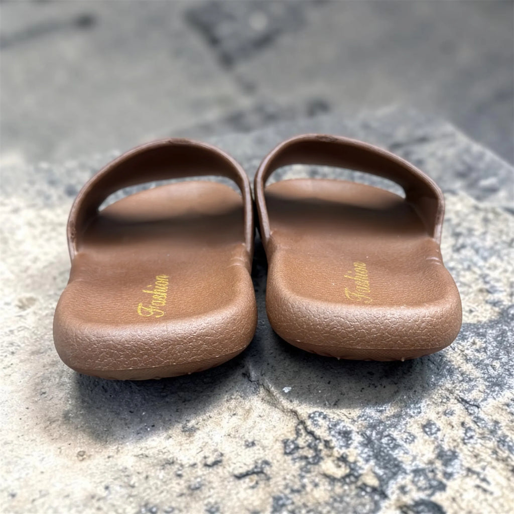 Brown Leather-Look Slides | Fashion Gold Script Slippers | Classic Pebbled Texture Sliders
