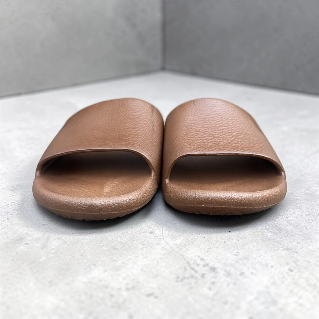 Brown Leather-Look Slides | Fashion Gold Script Slippers | Classic Pebbled Texture Sliders