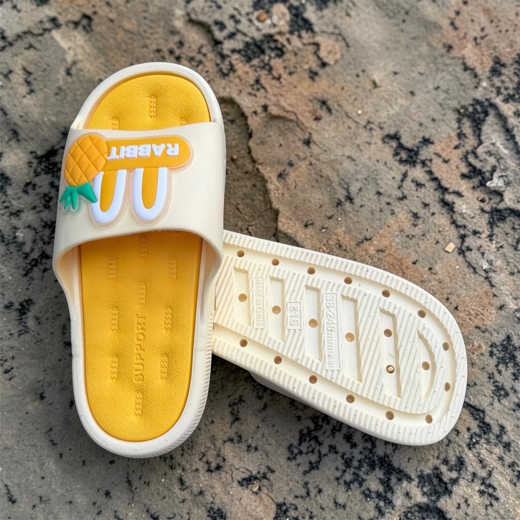Cream & Yellow Rabbit Pineapple Slides | Cute Patch Design | Support Footbed Foam Slippers