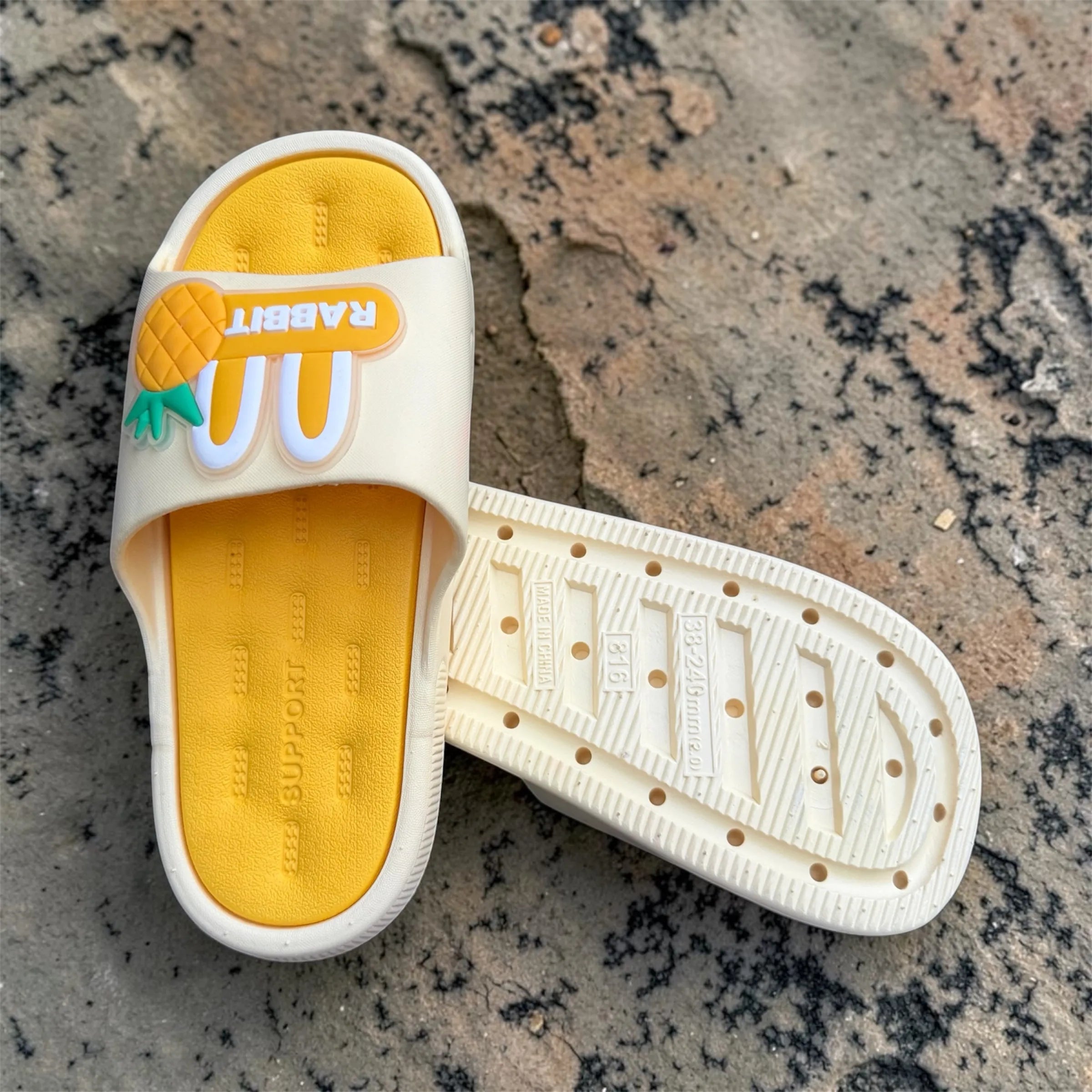 Cream & Yellow Rabbit Pineapple Slides | Cute Patch Design | Support Footbed Foam Slippers