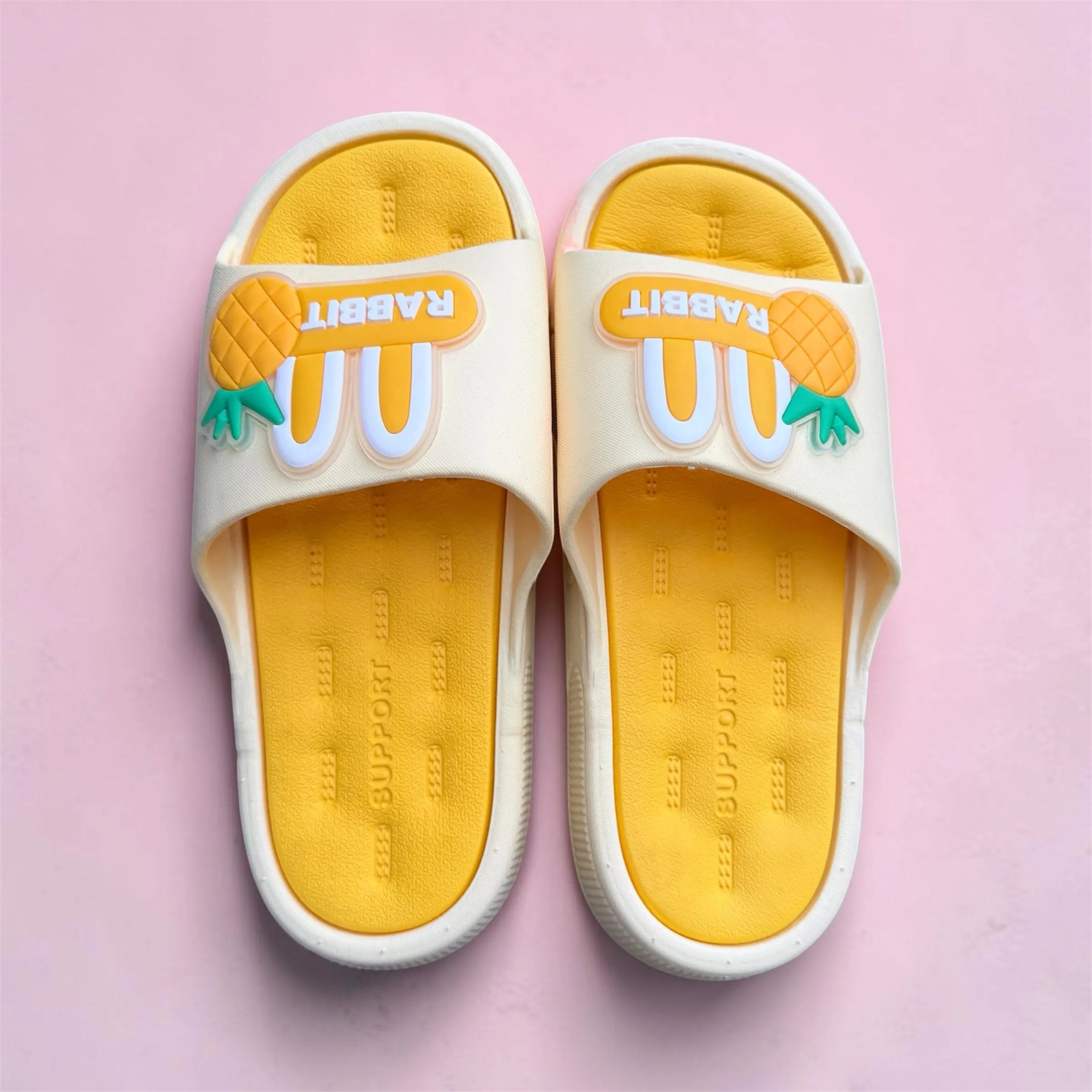 Cream & Yellow Rabbit Pineapple Slides | Cute Patch Design | Support Footbed Foam Slippers