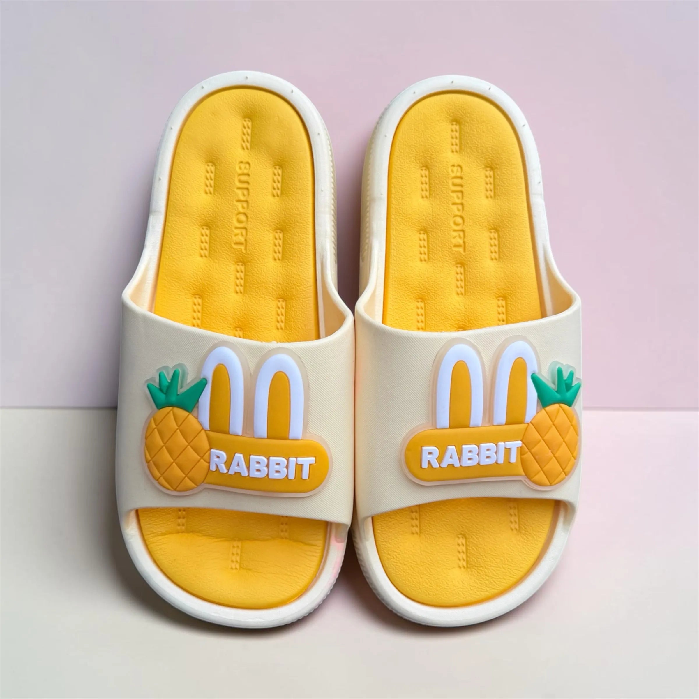 Cream & Yellow Rabbit Pineapple Slides | Cute Patch Design | Support Footbed Foam Slippers