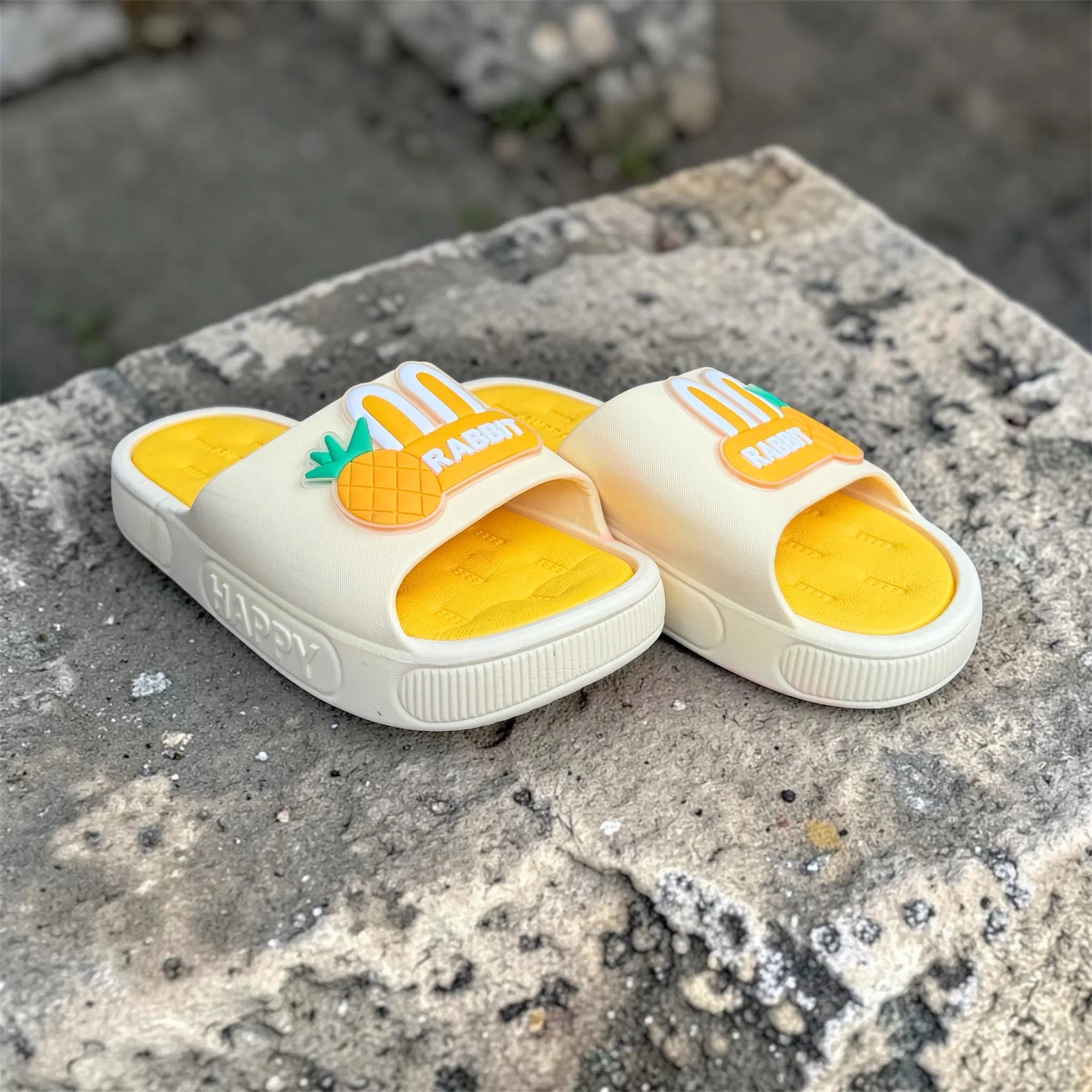 Cream & Yellow Rabbit Pineapple Slides | Cute Patch Design | Support Footbed Foam Slippers