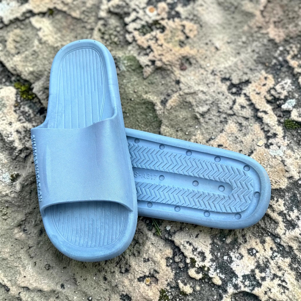 Dusty Blue Cloud Slides | Ribbed Footbed Foam Sliders | Minimalist Comfort Slippers