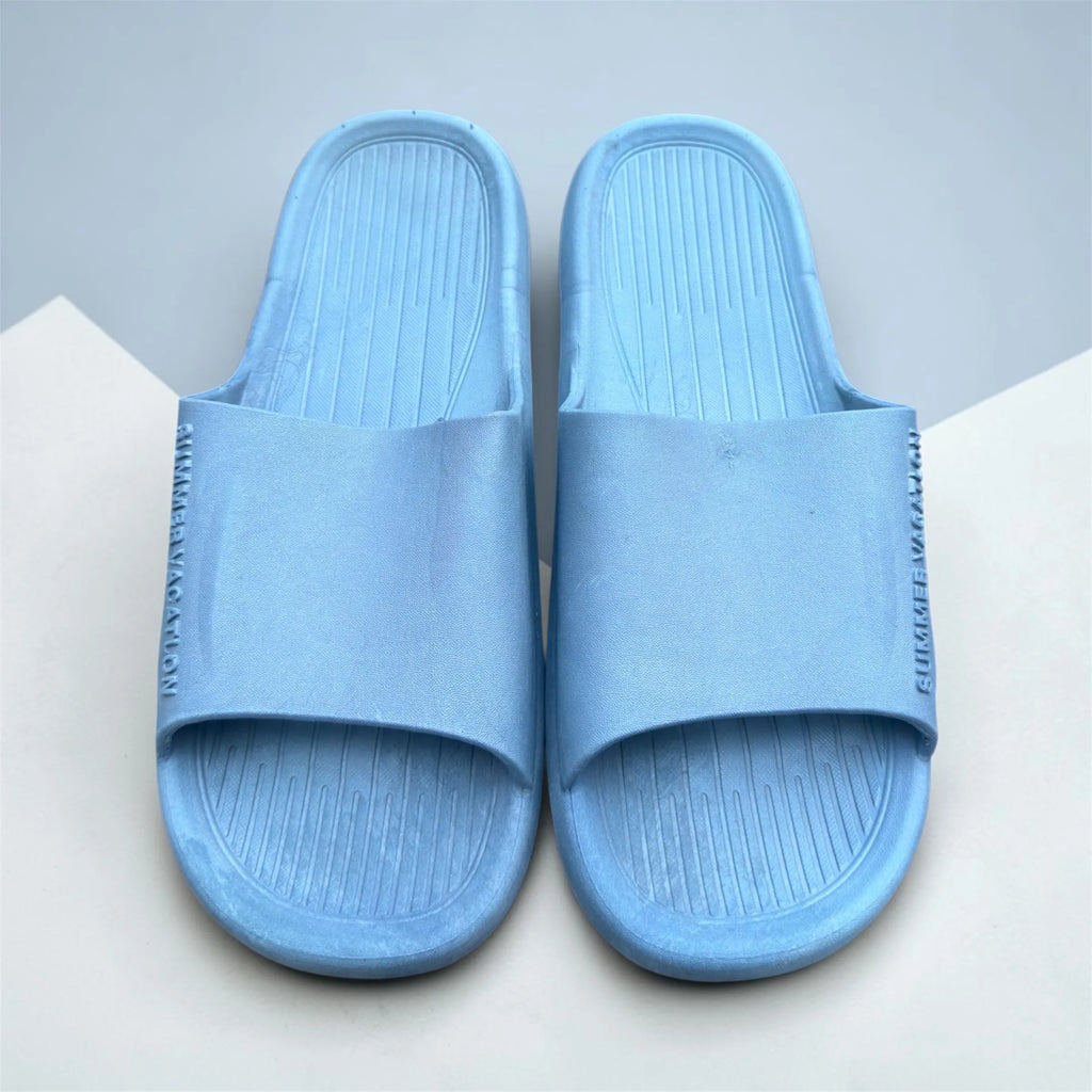 Dusty Blue Cloud Slides | Ribbed Footbed Foam Sliders | Minimalist Comfort Slippers