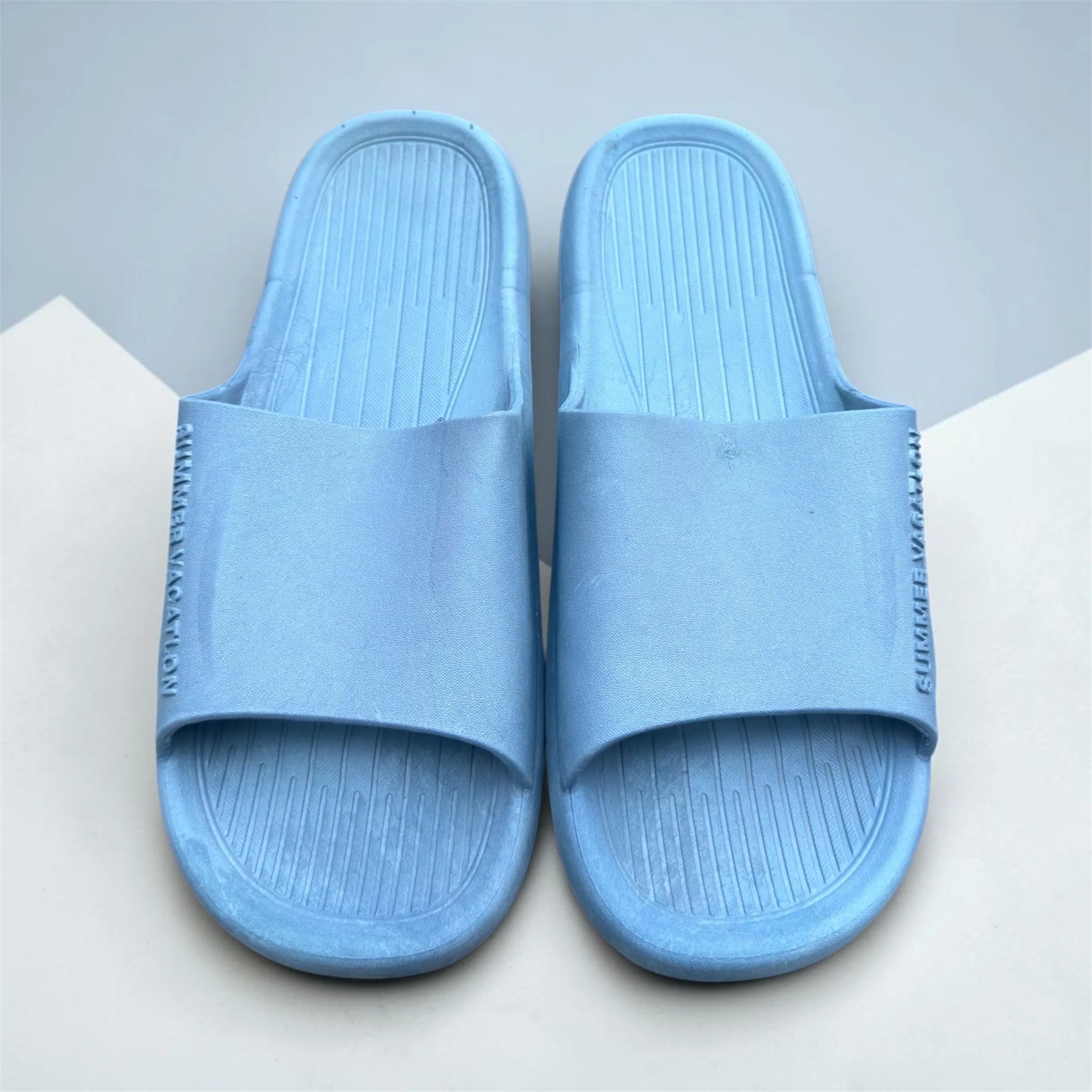 Dusty Blue Cloud Slides | Ribbed Footbed Foam Sliders | Minimalist Comfort Slippers