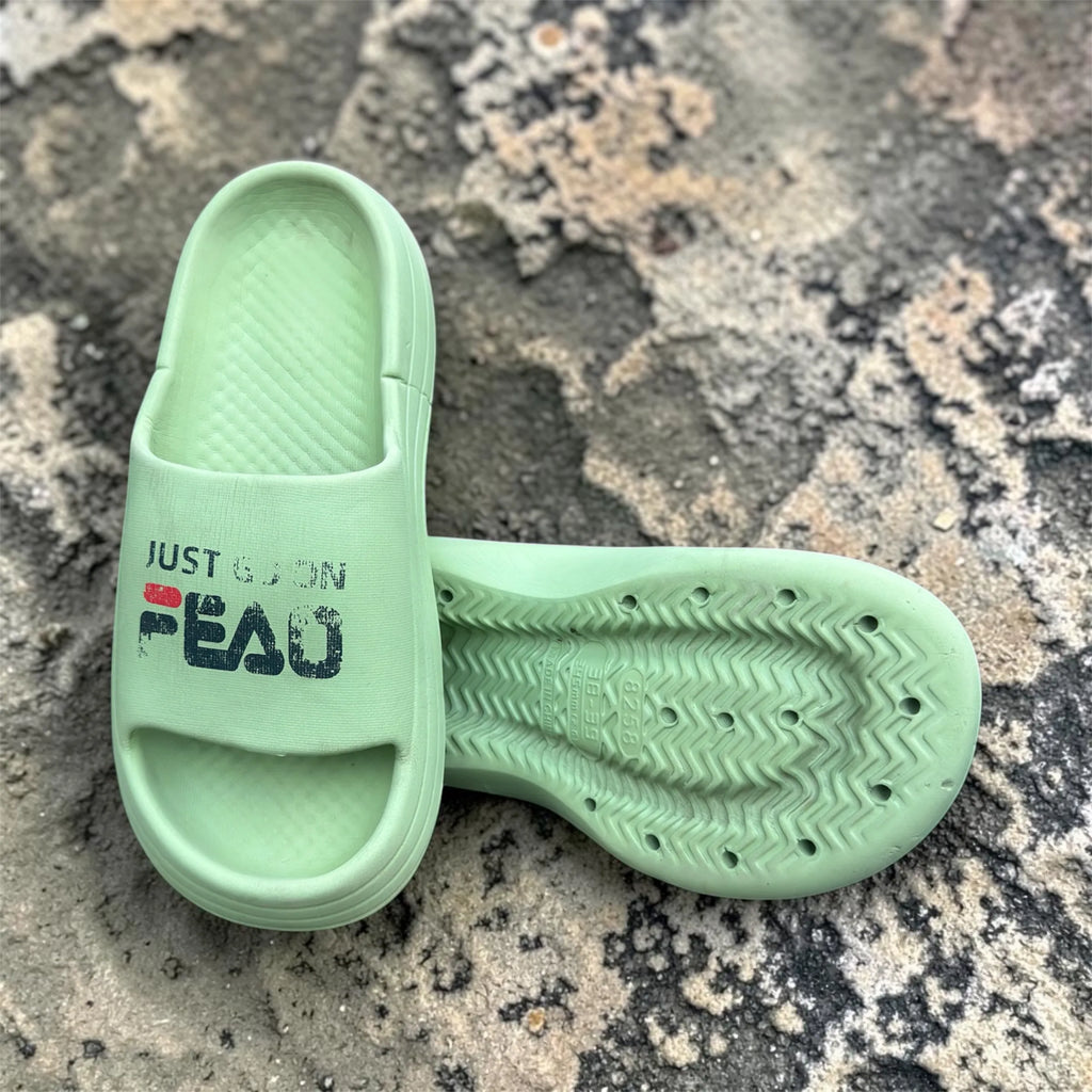 Mint Green FEAO Print Slides | "Just Go On" Slogan Foam Sliders | Comfortable Pillow Sole Slippers