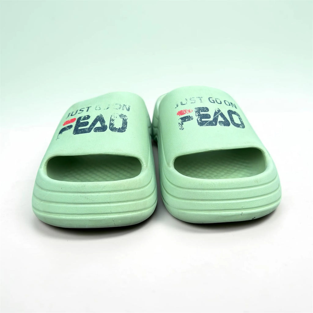 Mint Green FEAO Print Slides | "Just Go On" Slogan Foam Sliders | Comfortable Pillow Sole Slippers