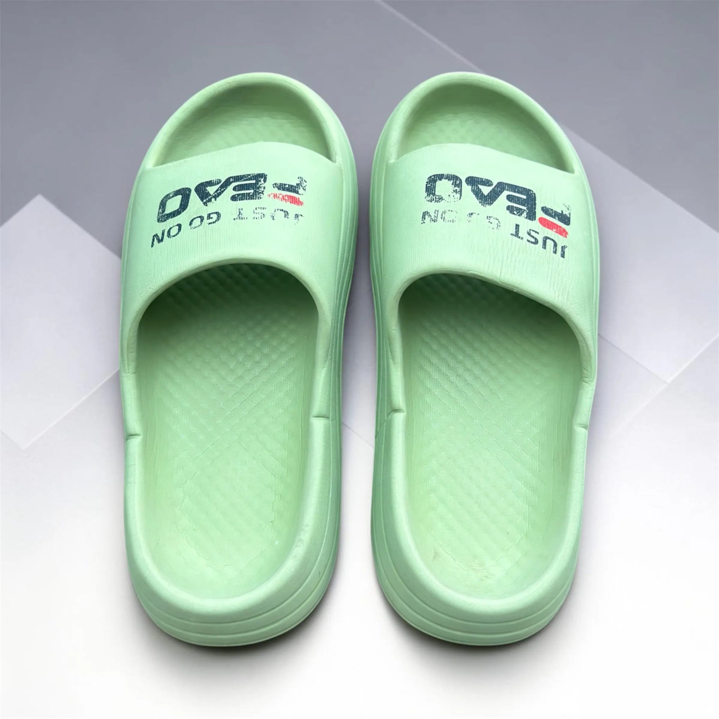 Mint Green FEAO Print Slides | "Just Go On" Slogan Foam Sliders | Comfortable Pillow Sole Slippers
