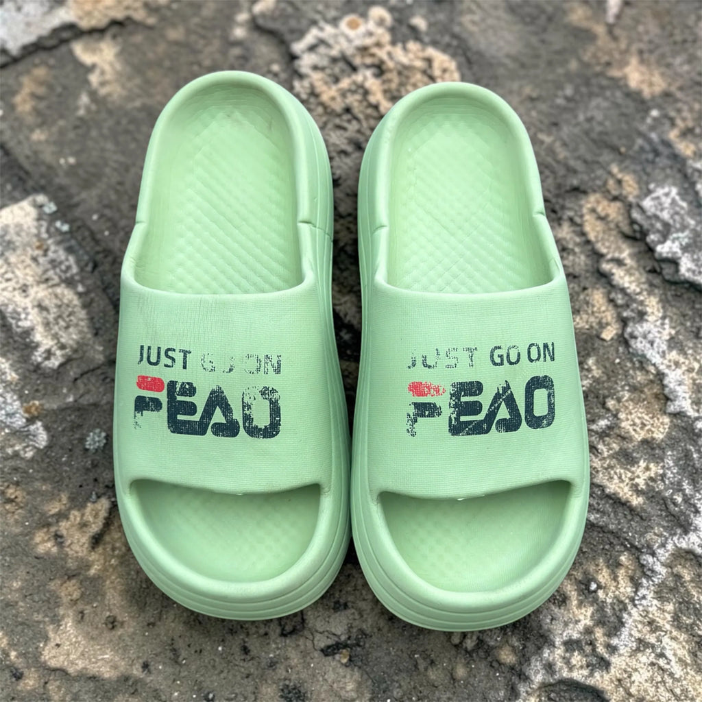 Mint Green FEAO Print Slides | "Just Go On" Slogan Foam Sliders | Comfortable Pillow Sole Slippers