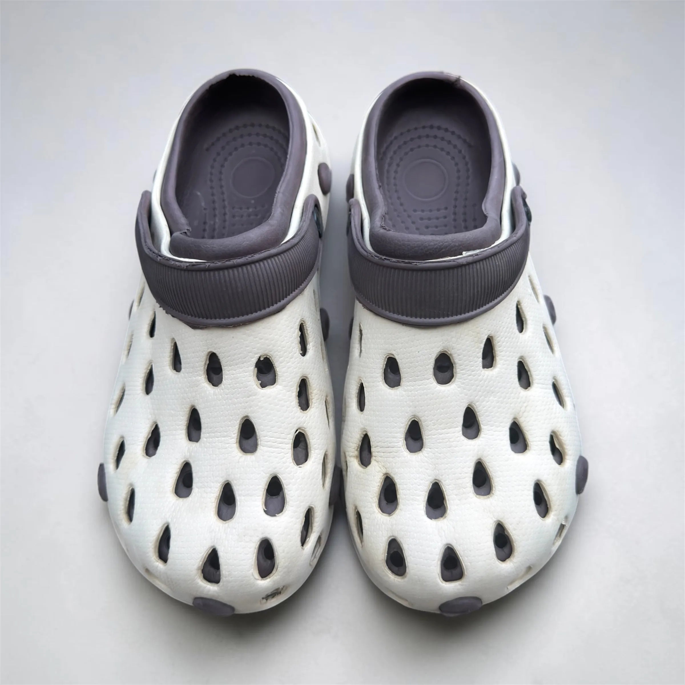 White & Grey Two-Tone Clogs | Breathable Hole Design Slip-On Garden Shoes | Comfortable Closed-Toe Sandals
