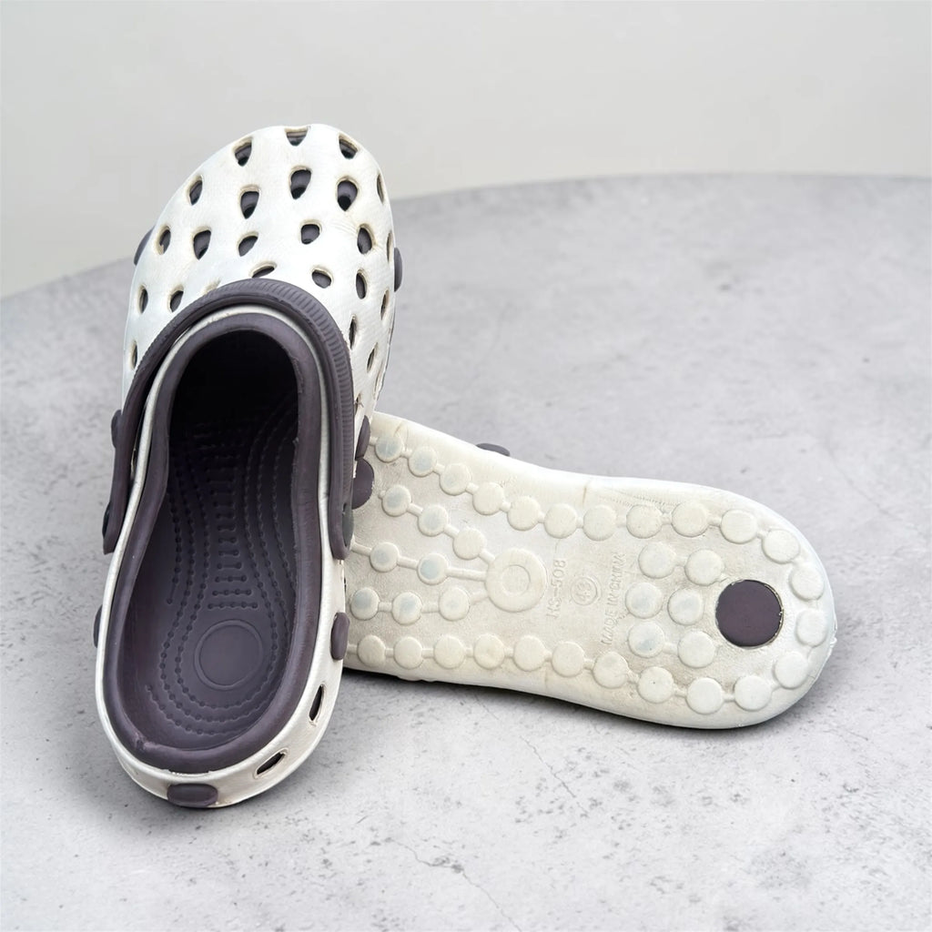 White & Grey Two-Tone Clogs | Breathable Hole Design Slip-On Garden Shoes | Comfortable Closed-Toe Sandals